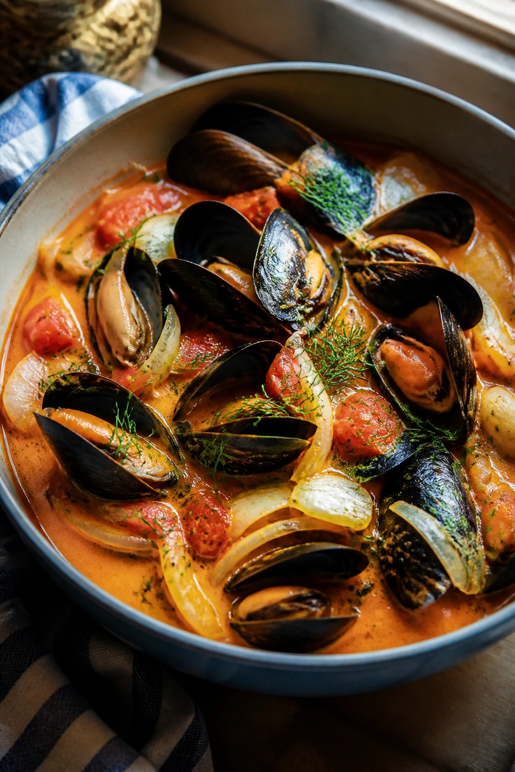 Close-up of mussels in coconut curry with fennel and tomato