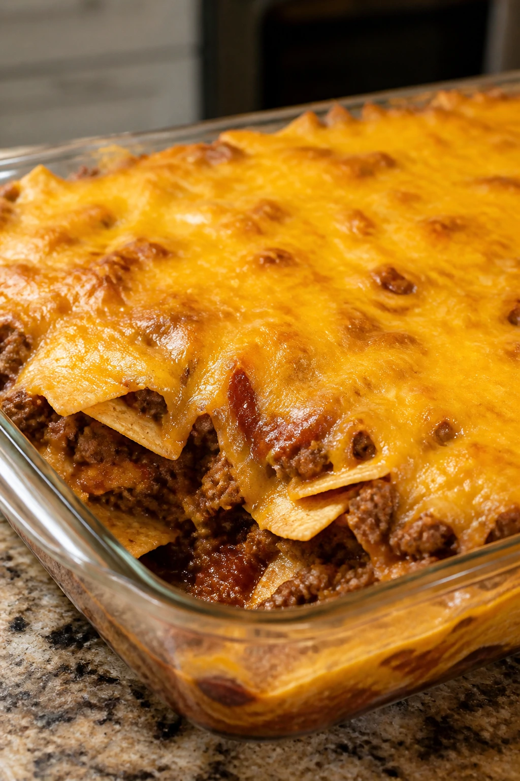 Nacho casserole with chips, beans, and melted cheese in a baking dish
