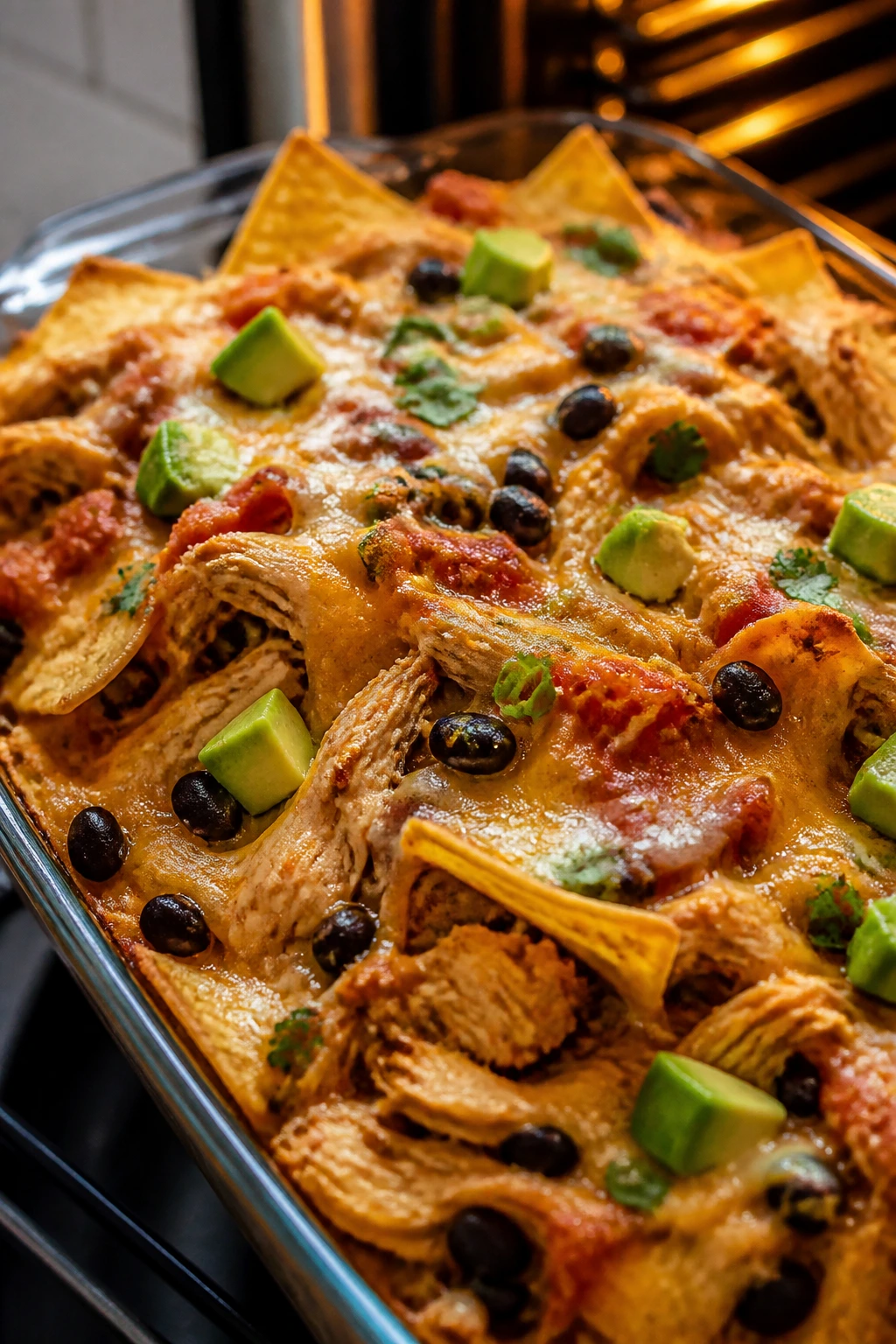Baked dish with chips, chicken, beans, and cheese in a home kitchen.