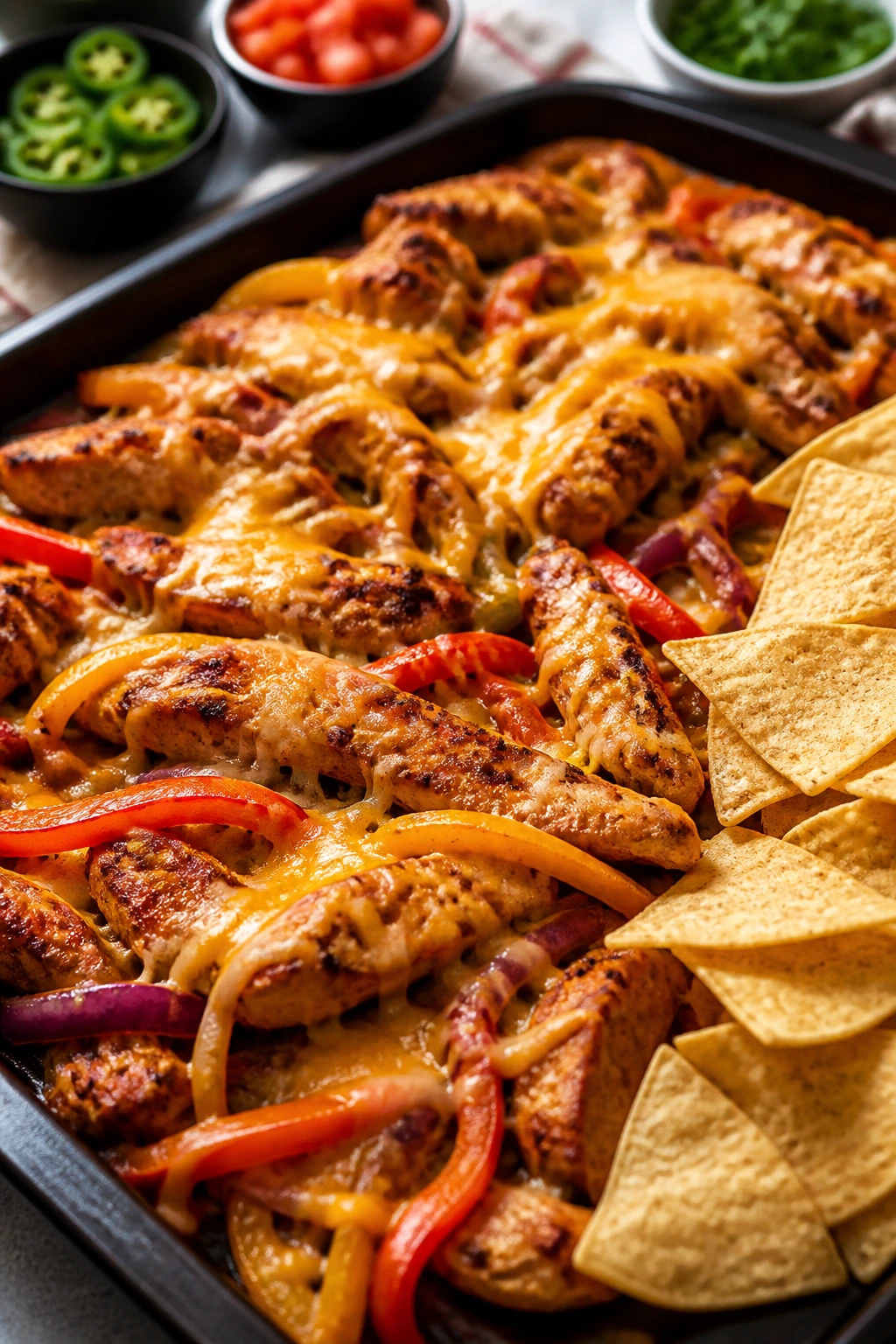Close-up of Loaded Nacho Chicken with Peppers and Tortilla Chips on sheet pan