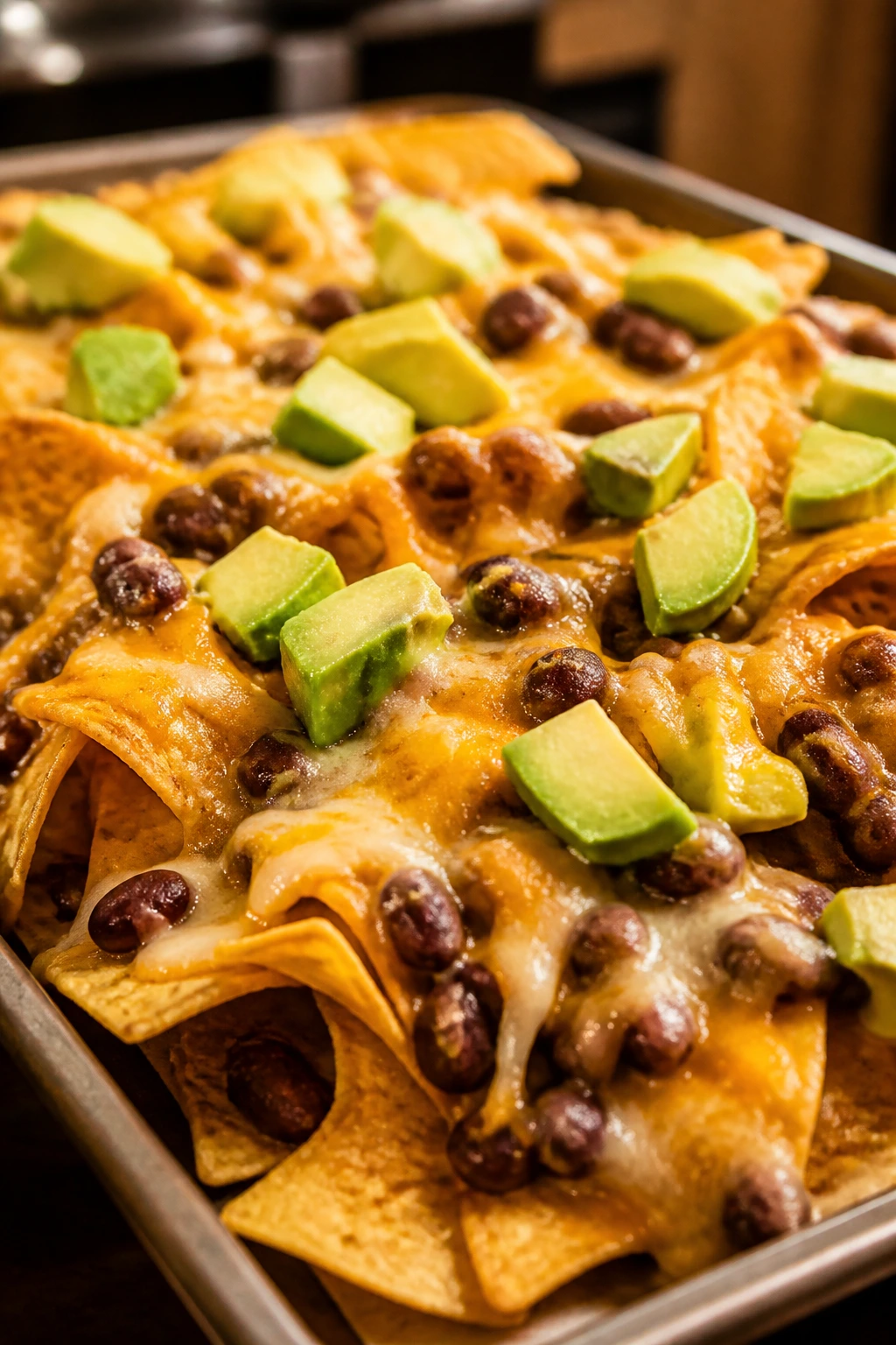 Close-up of nachos topped with beans, cheese, and avocado