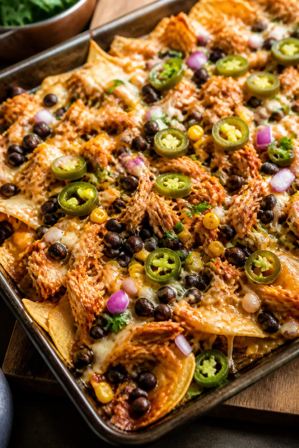 Loaded nachos with chicken, beans, corn on a sheet pan