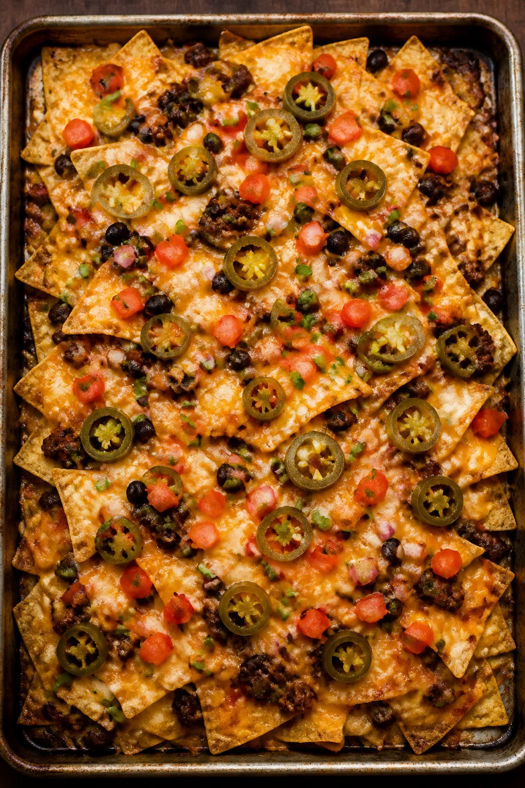 Top-down view of a sheet pan loaded with nachos and cheese