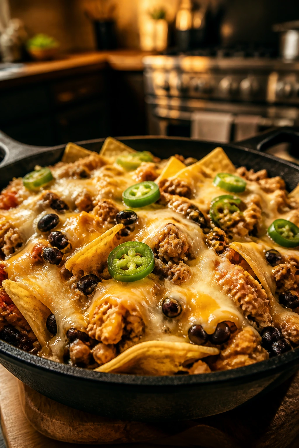 Nachos with ground turkey and beans in a skillet