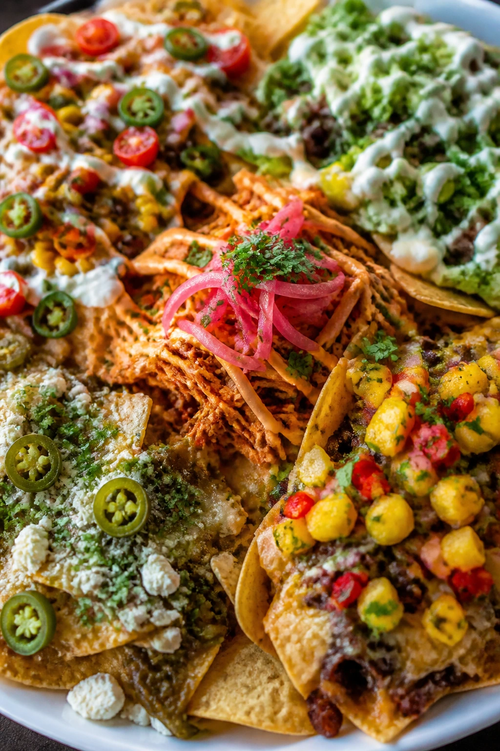 Vibrant plate of nachos with separate topping sections to suggest variations