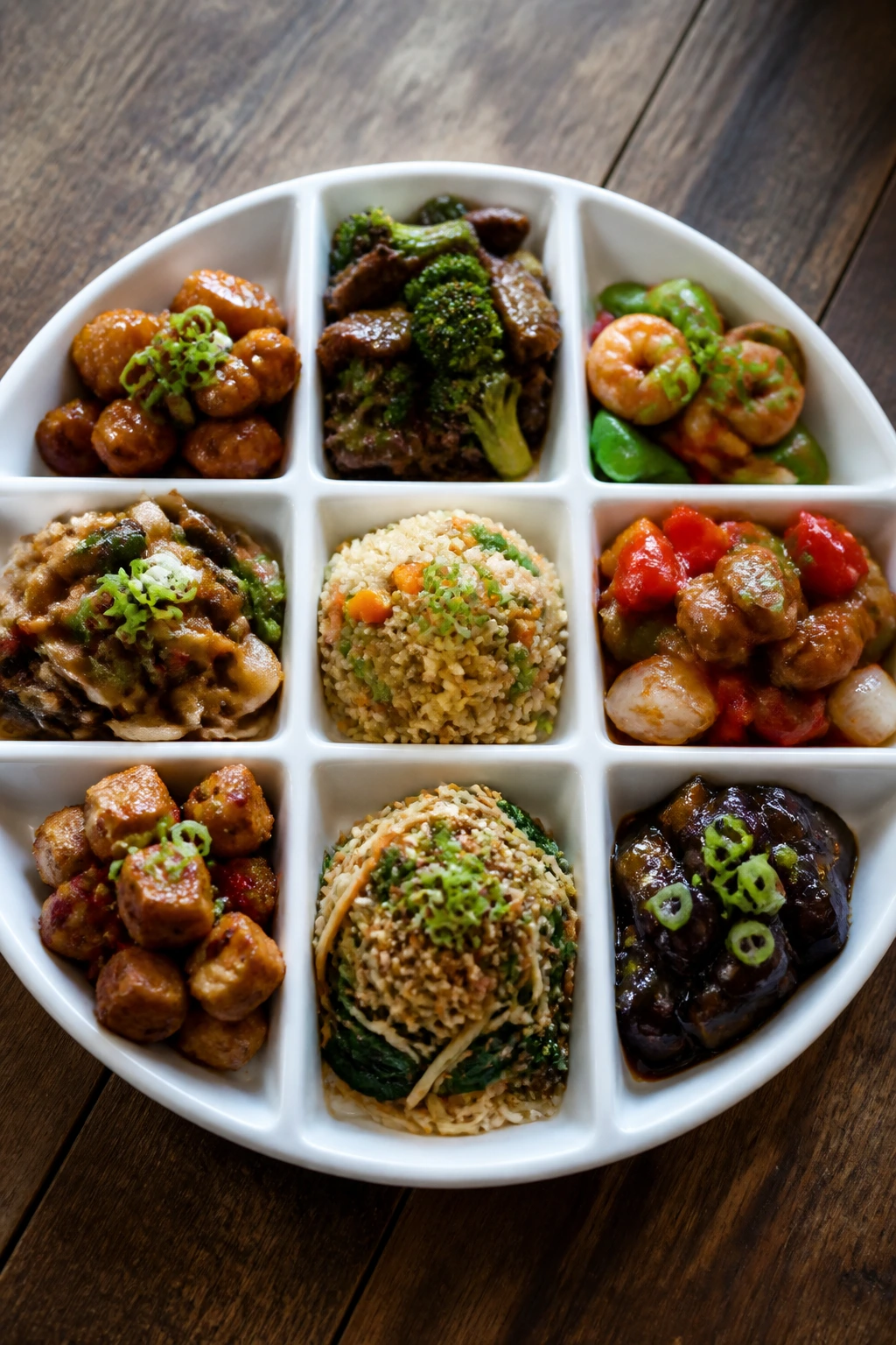 Plate with nine colorful components showing multiple recipes at a glance