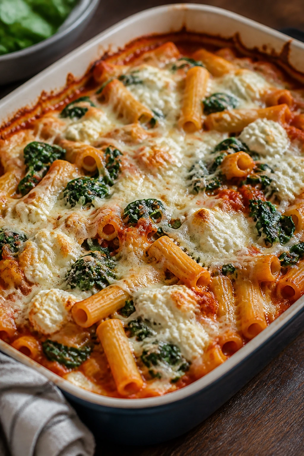 No-boil baked ziti with spinach and mozzarella in a baking dish