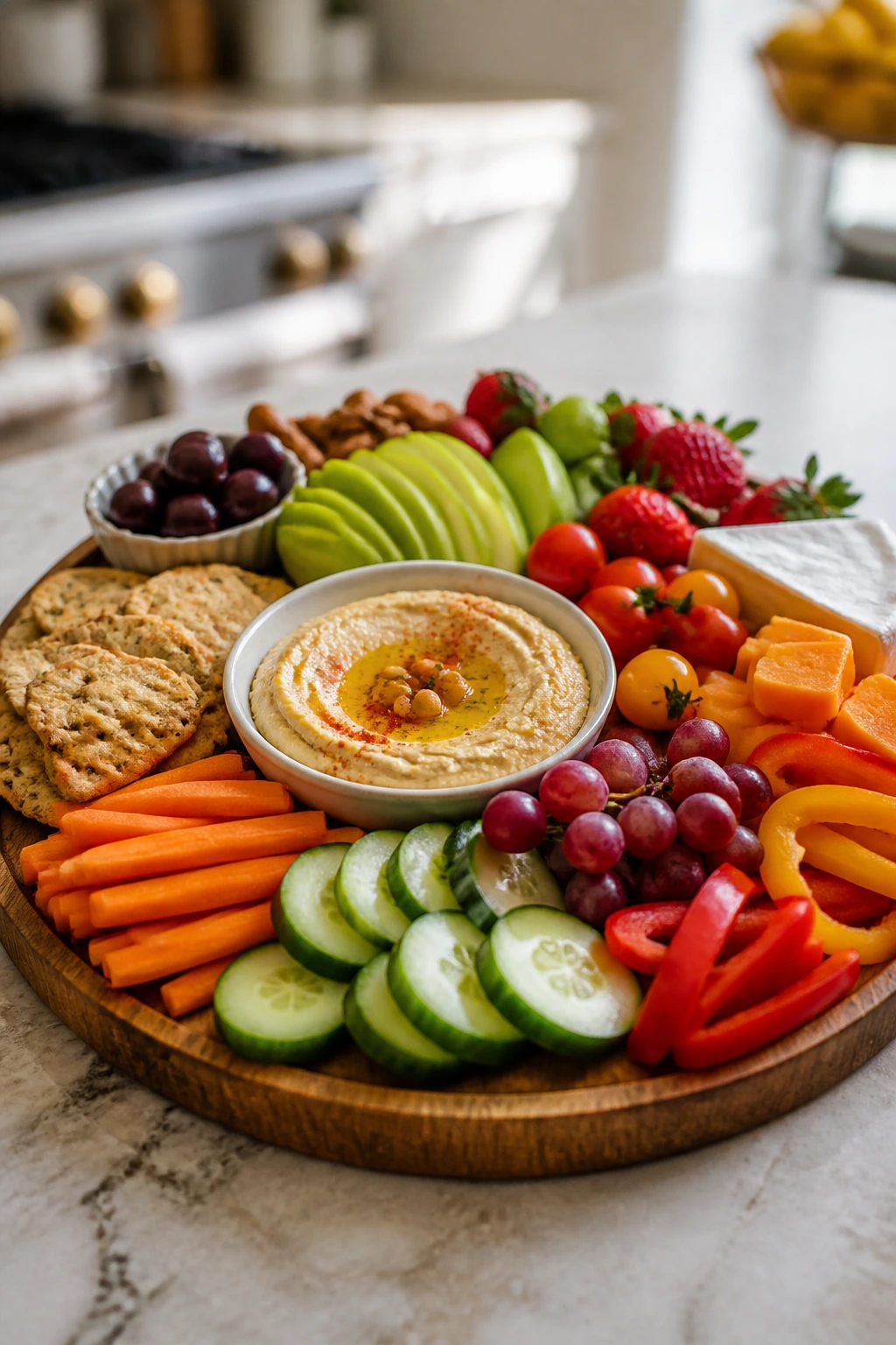 Overhead view of a colorful no-recipe dinner board with hummus, cheese, vegetables and fruit