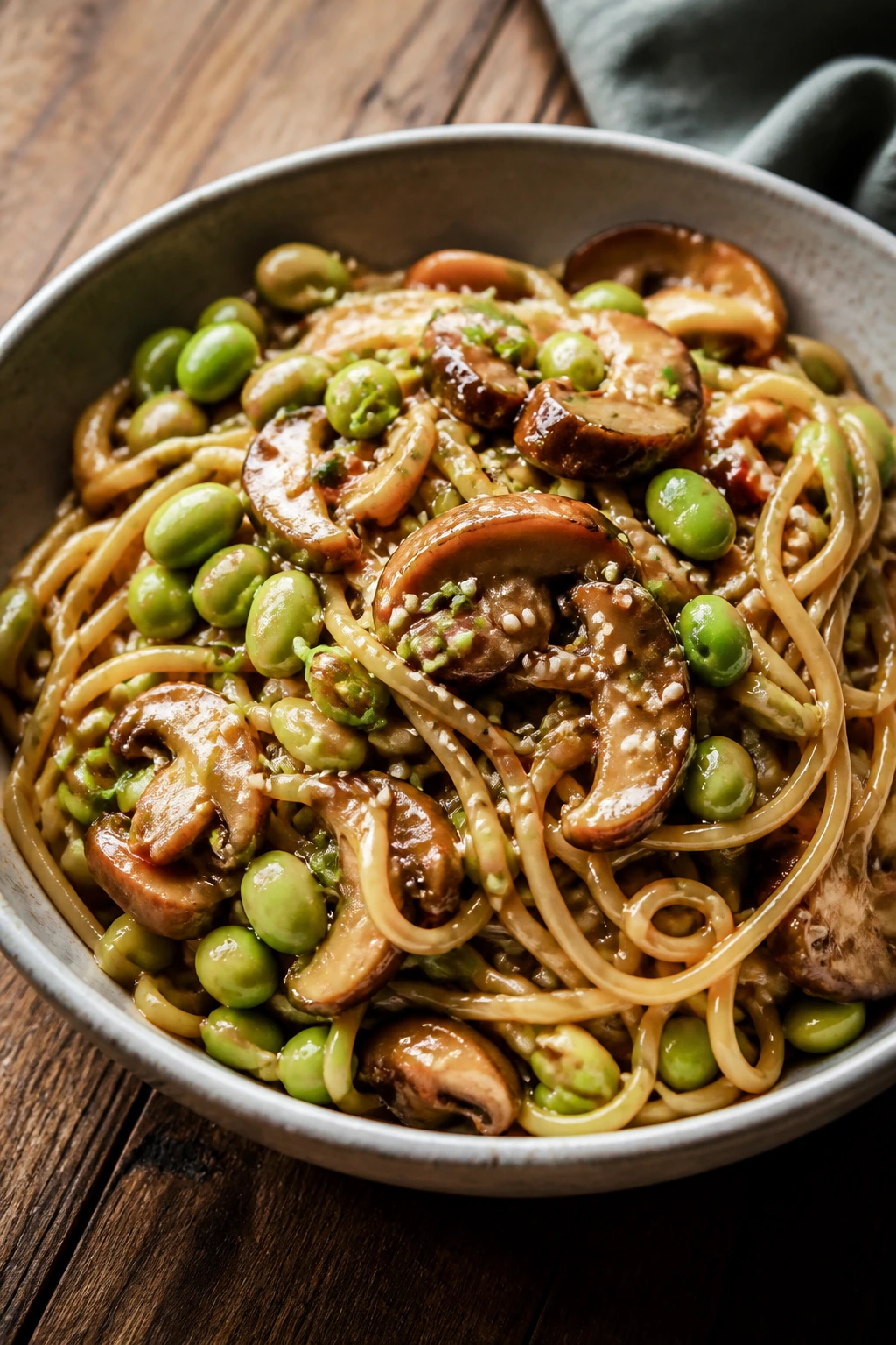 Glossy sesame ginger noodles with edamame and mushrooms in a bowl