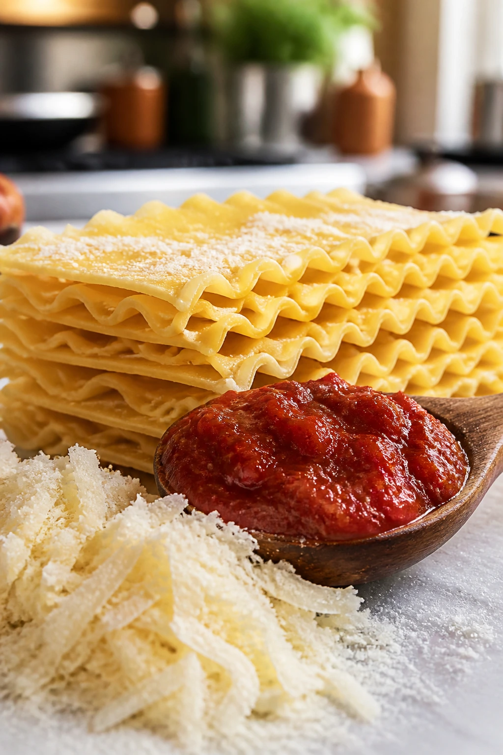 No-boil lasagna noodles with sauce and grated Parmesan close-up