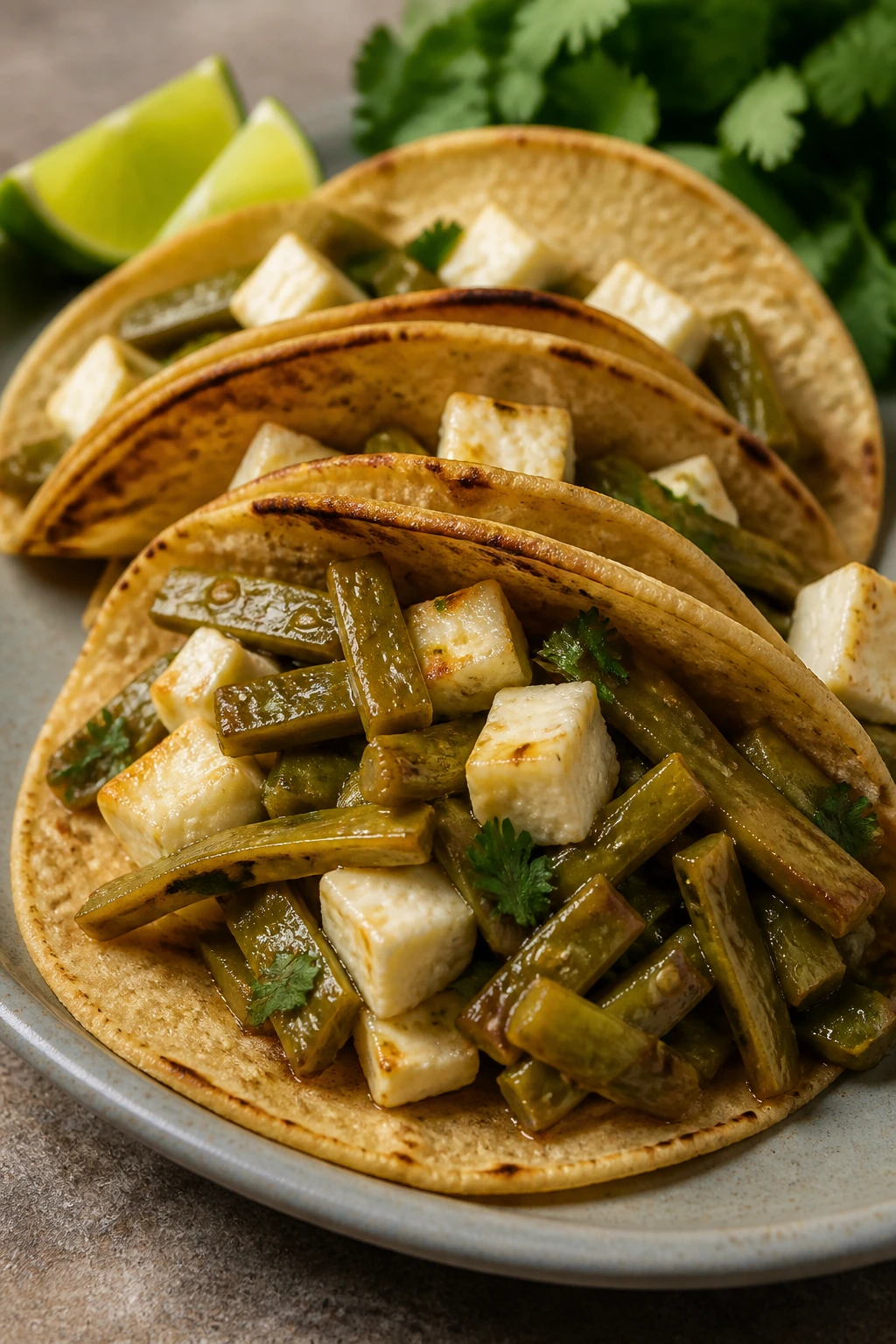 Close-up of Nopales and Panela Street Tacos with nopales and panela