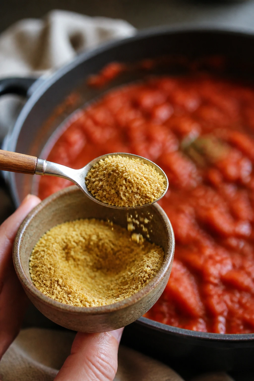 Nutritional yeast sprinkled over tomato sauce in rustic bowl
