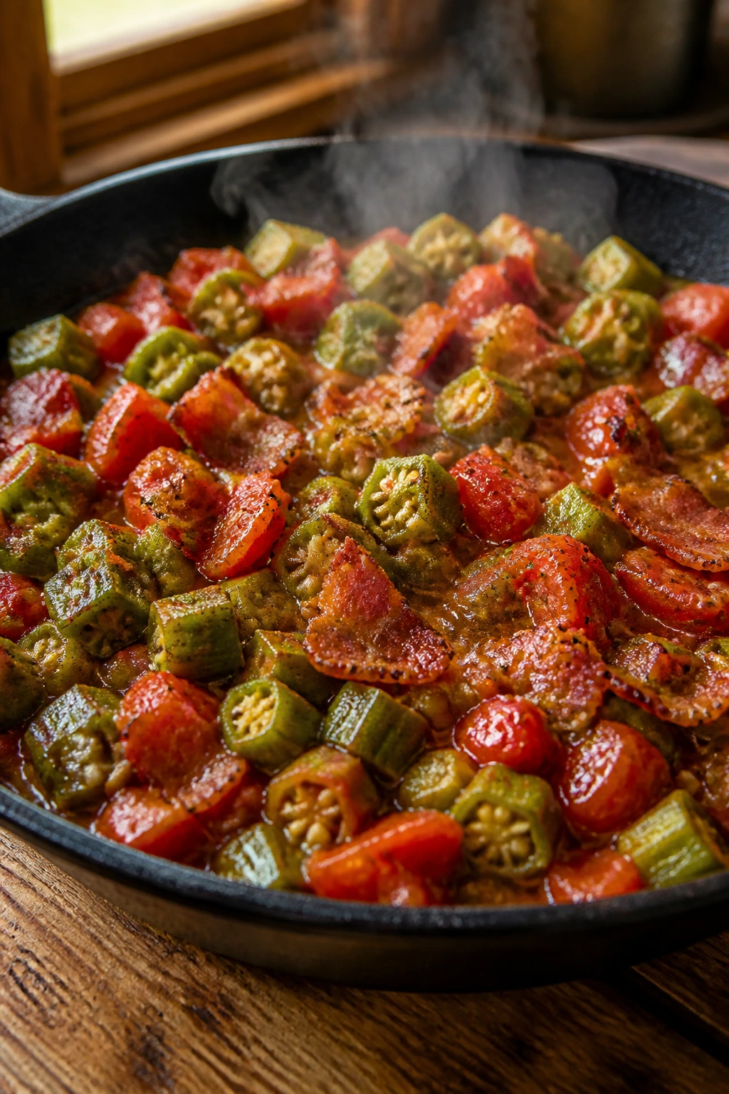 Close-up of okra, tomatoes, and bacon skillet in warm kitchen light