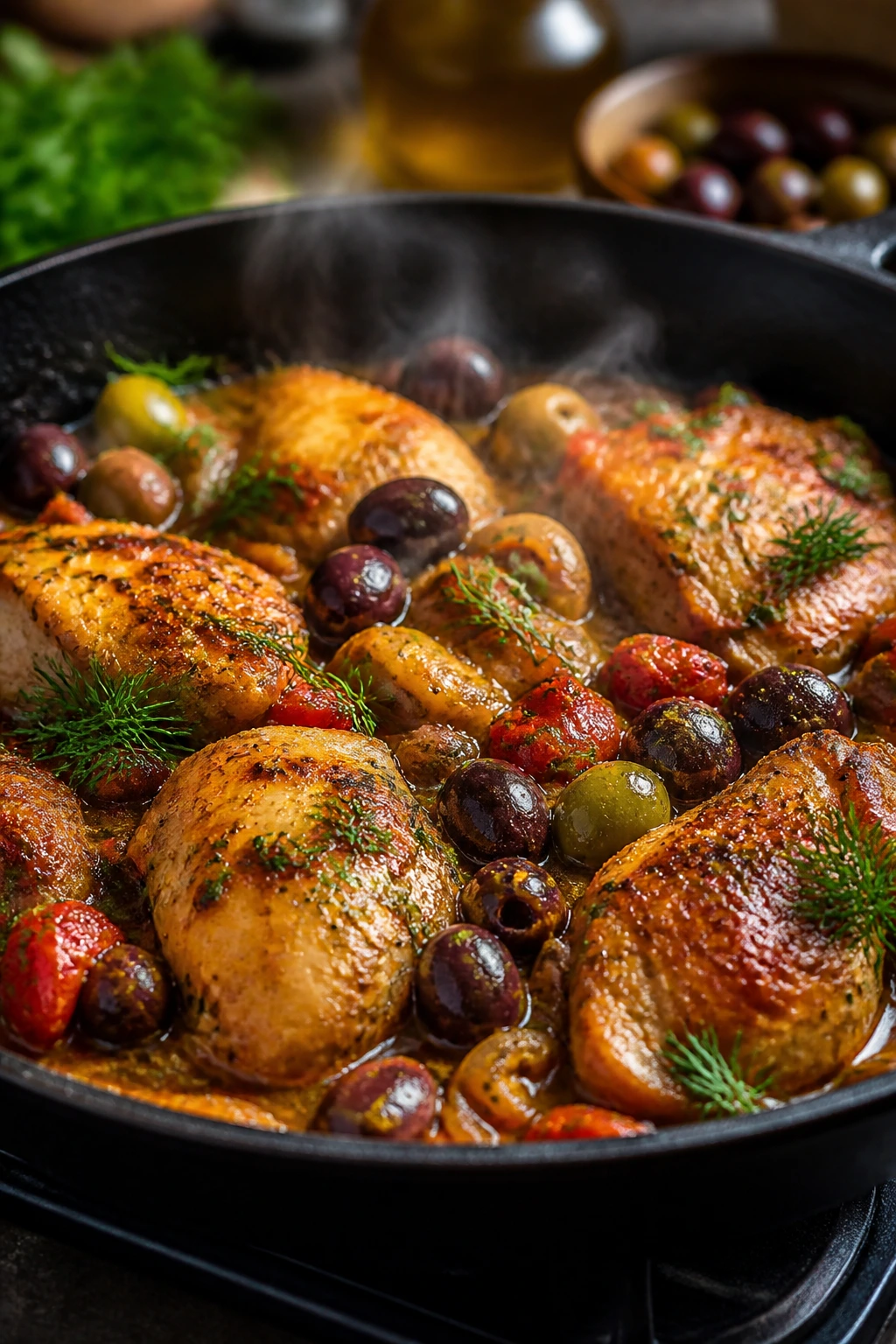 Skillet with olives and dill garnish on top