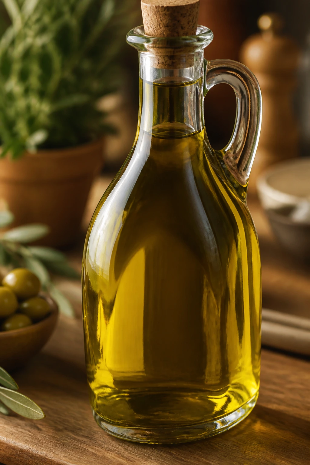 Glass bottle of olive oil on a warm kitchen counter