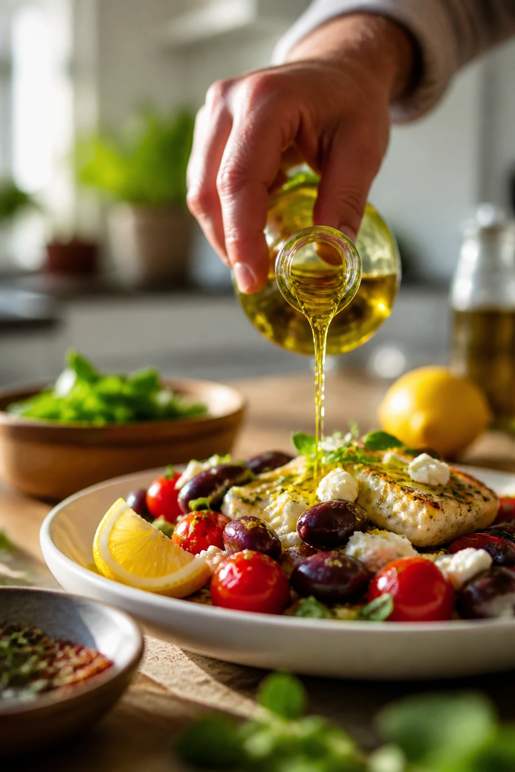Hand drizzling olive oil over a plated Mediterranean dish