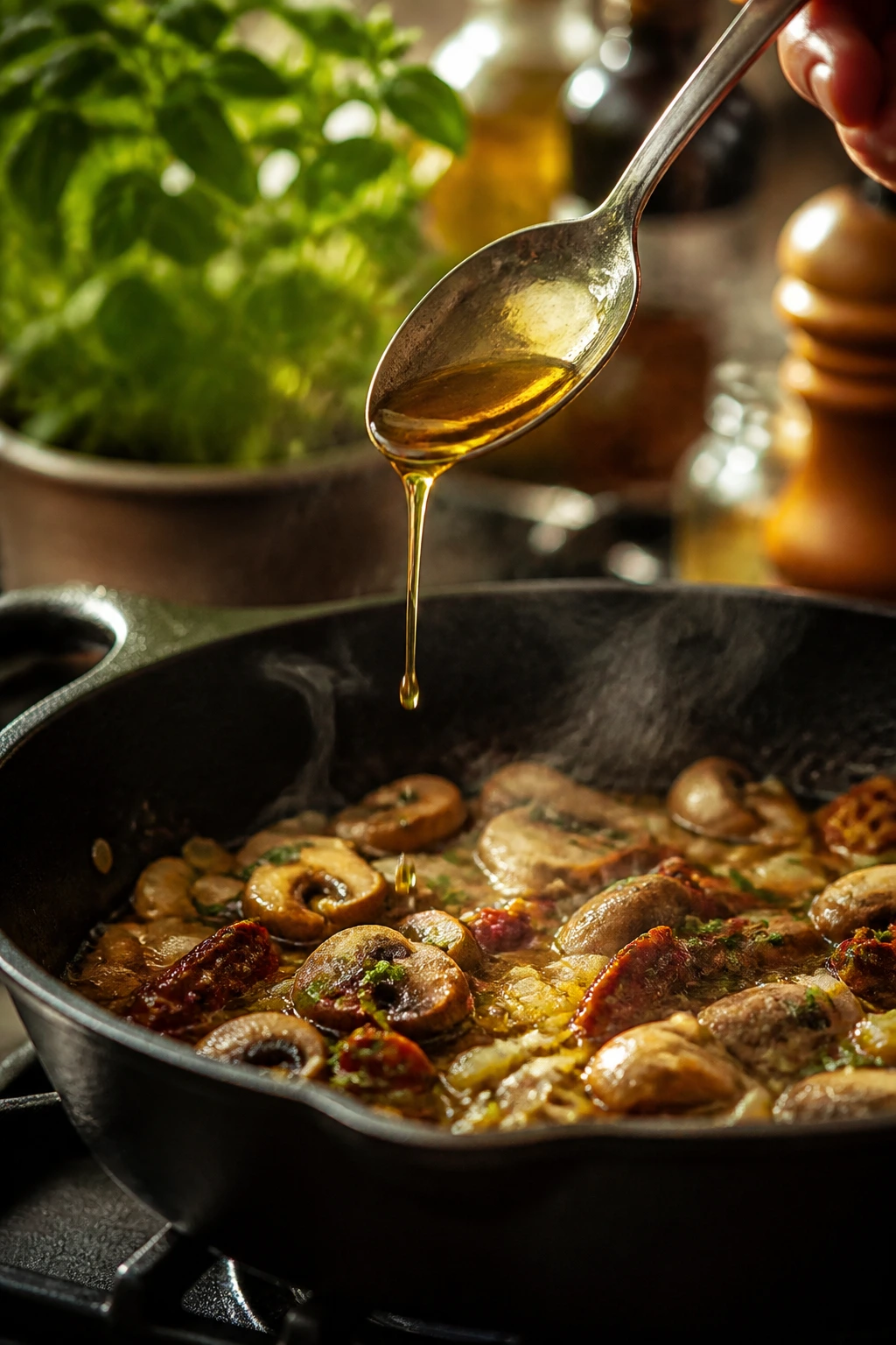Close-up of a spoon drizzling olive oil over a sizzling skillet in a warm kitchen.