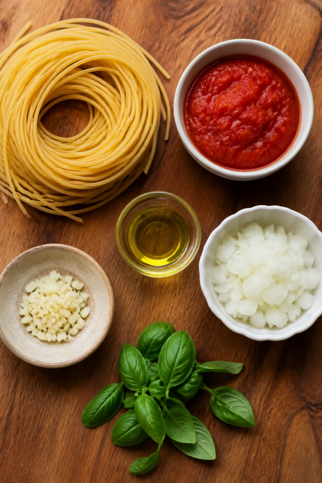 Top-down view of key ingredients for the dish arranged on wood