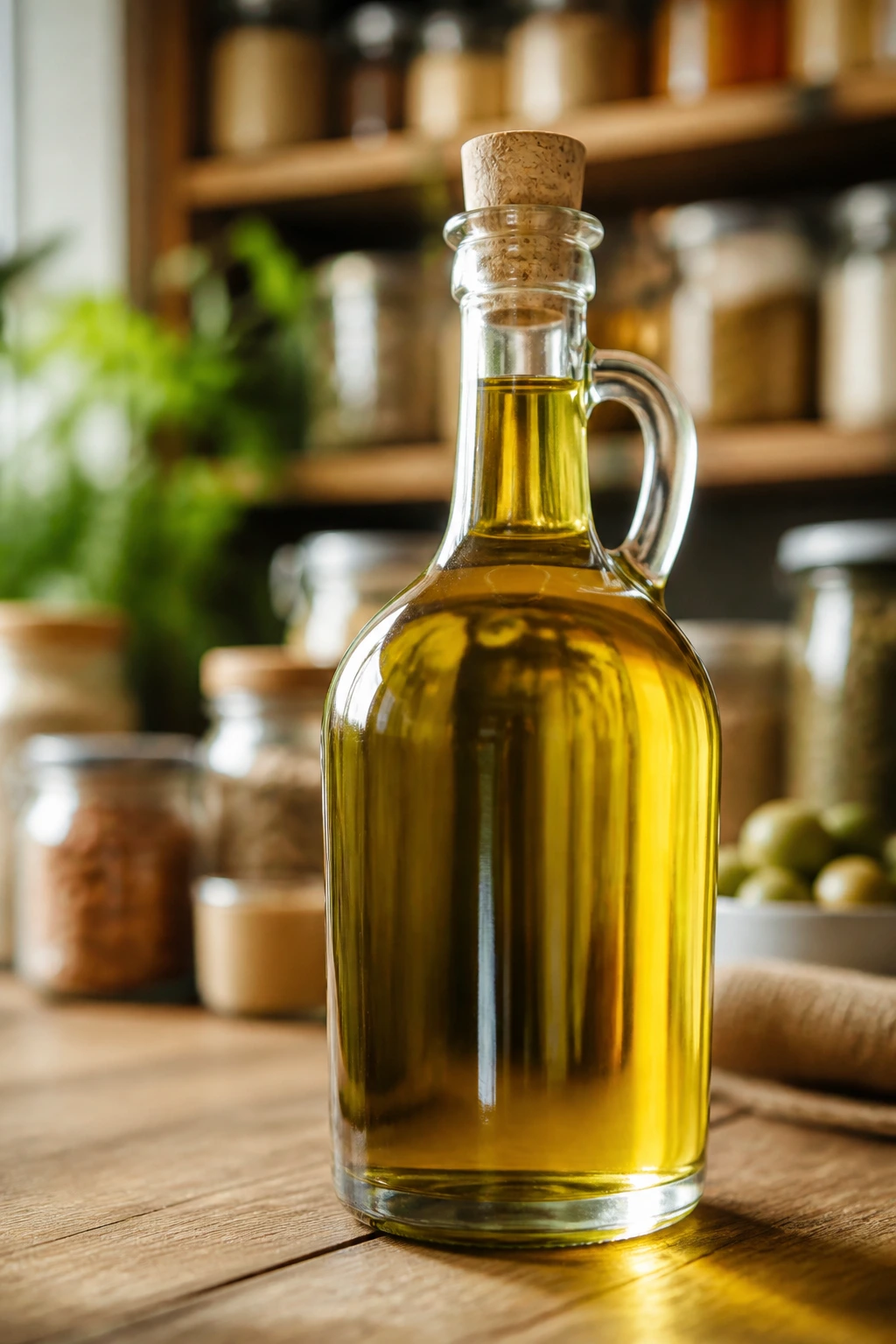 Unlabeled olive oil bottle on a wooden countertop with pantry blurred in the background