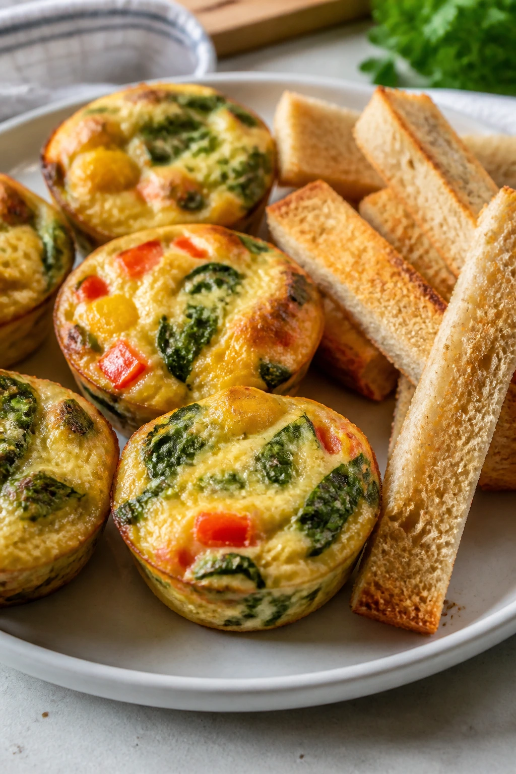 Veggie omelet muffins with toast soldiers on plate