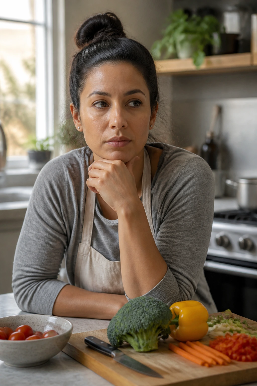 Portrait of a busy parent pondering dinner ideas in a kitchen