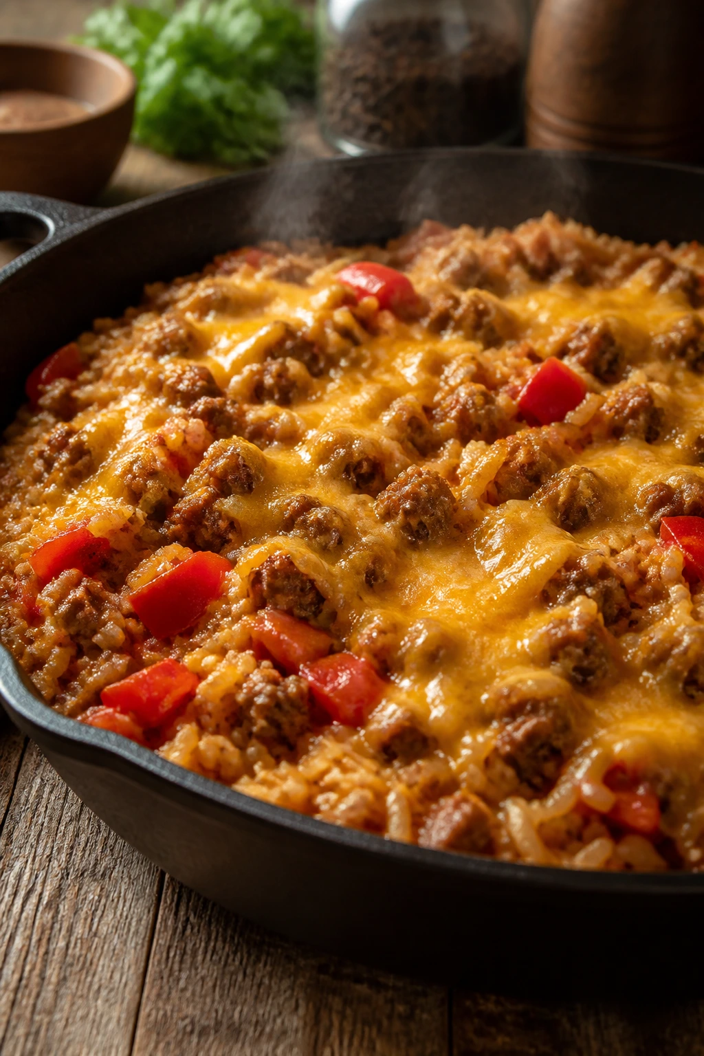 Beef and rice skillet with peppers and cheddar in a pan