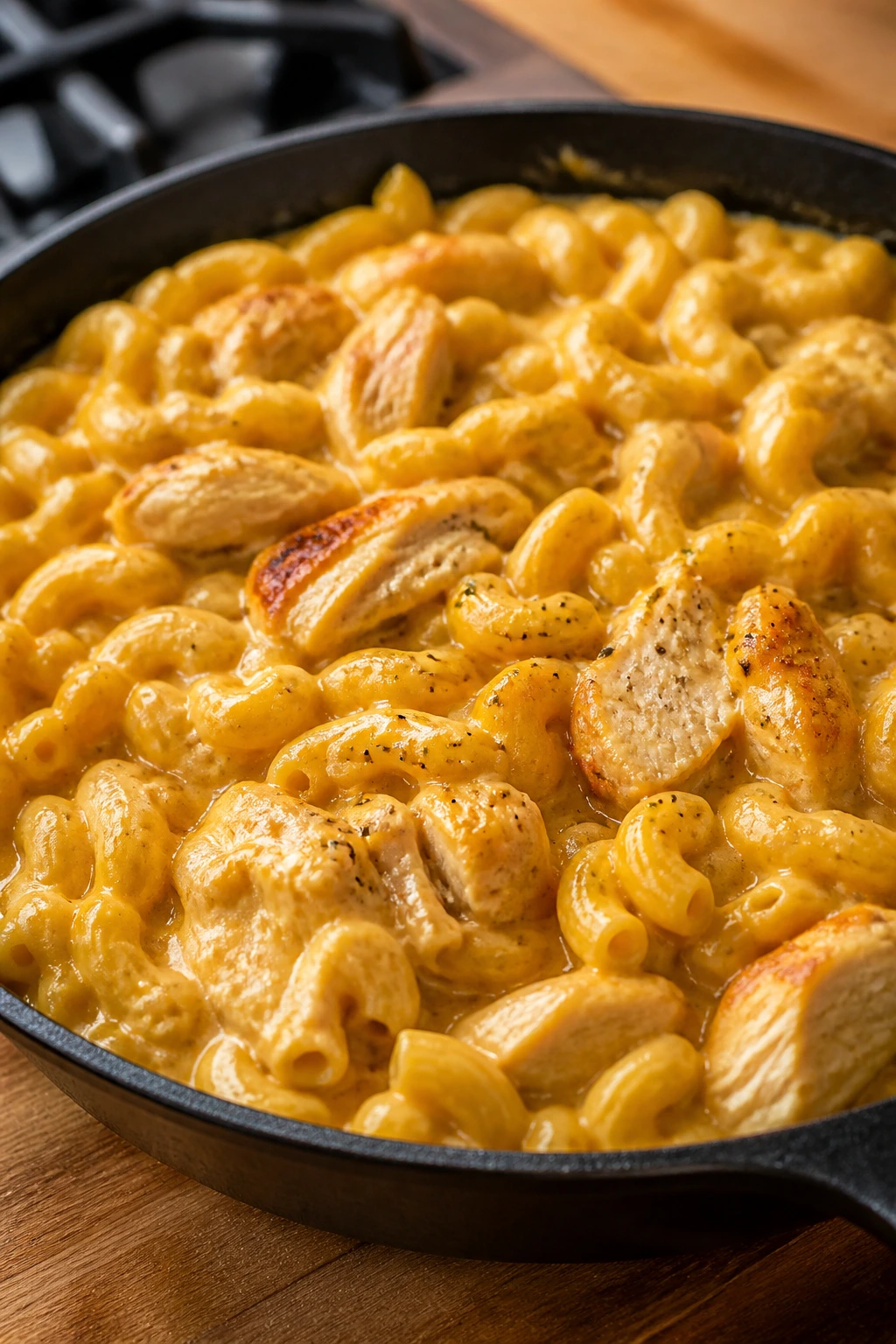 Close-up of creamy chicken macaroni and cheese in a skillet
