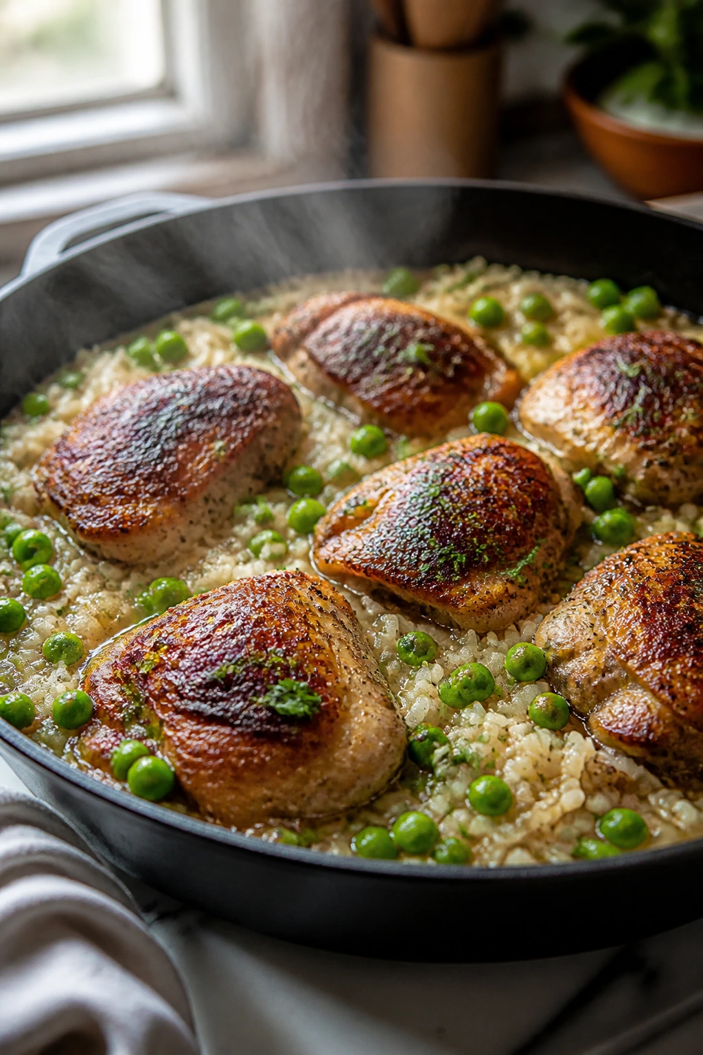 Close-up of one-pan chicken and rice with peas in a skillet.
