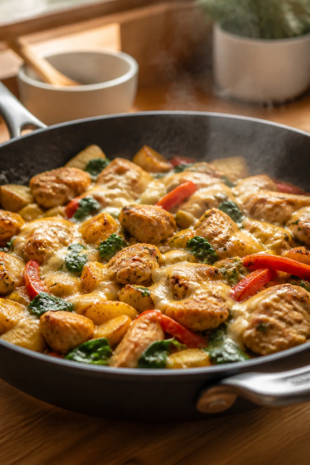 Close-up of a bubbling one-pan dinner in a skillet on a kitchen counter