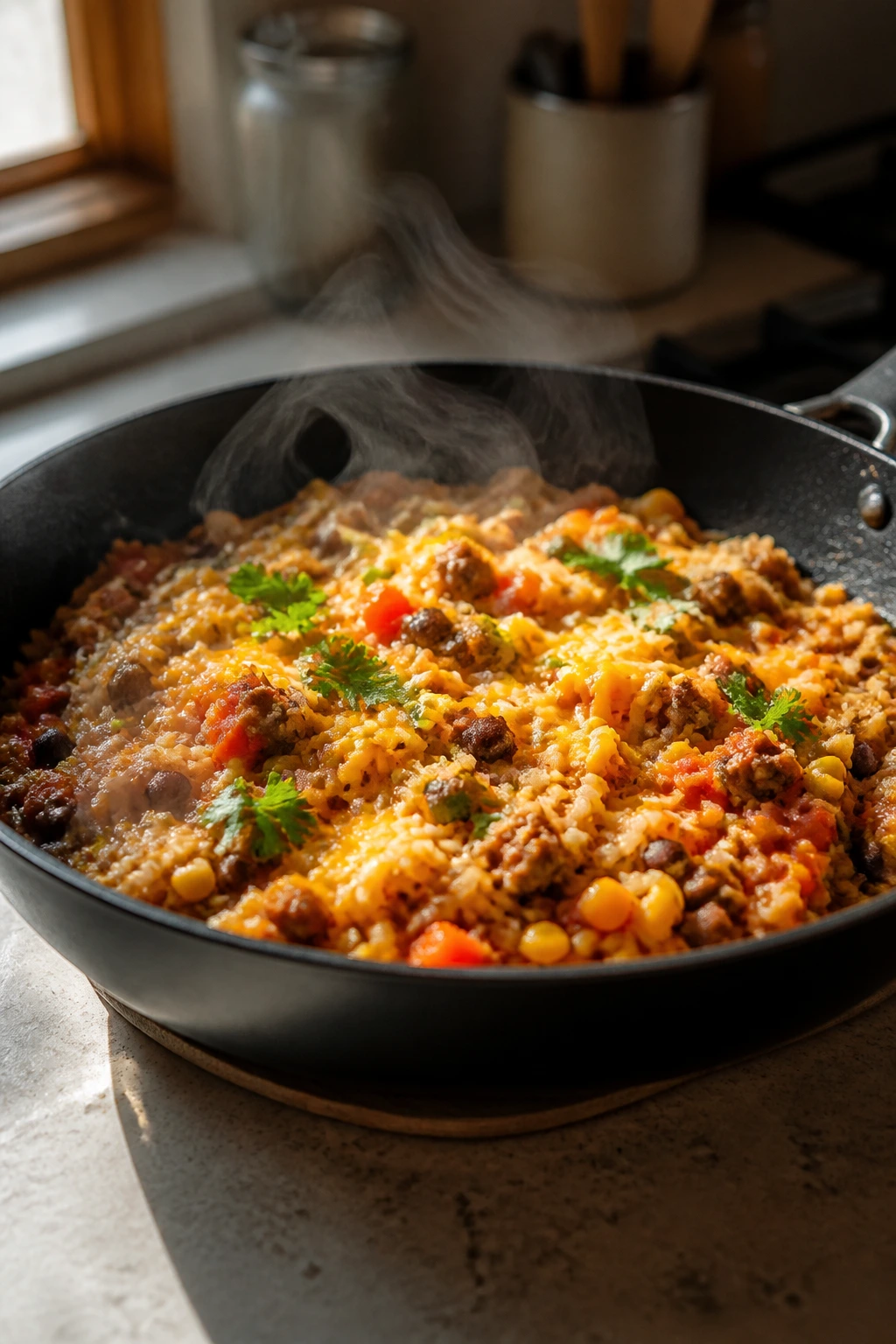 Skillet dish steaming on a kitchen counter