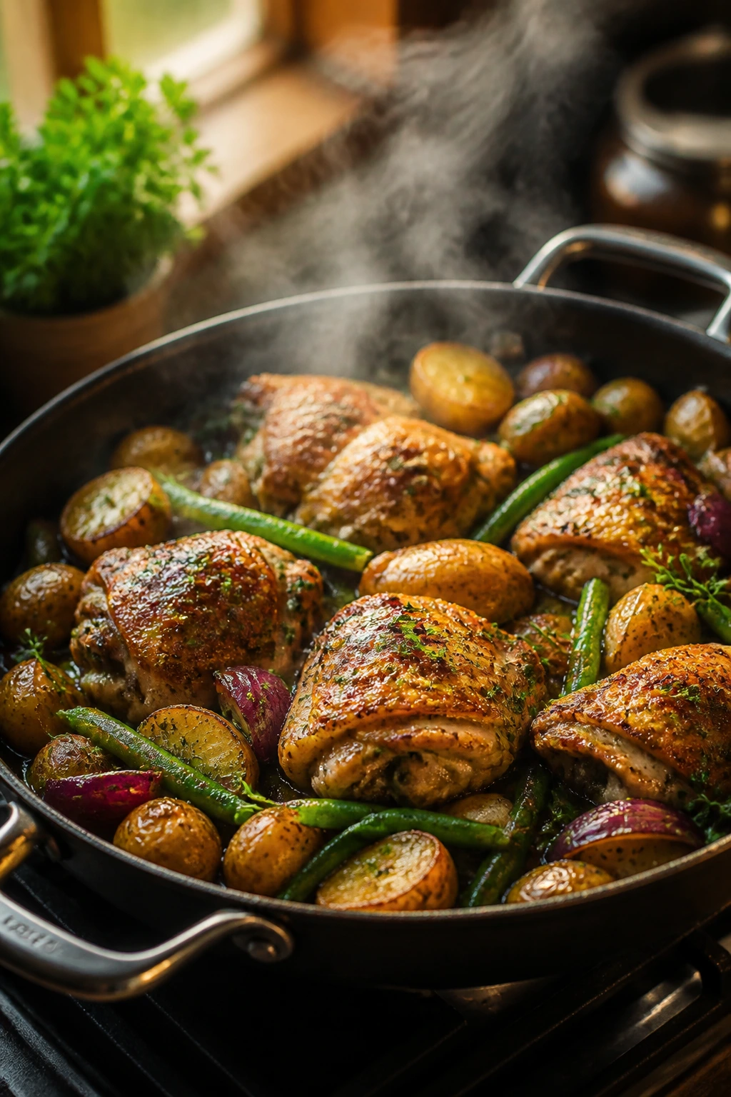 Close-up of a one-pan dinner in a skillet on a stove