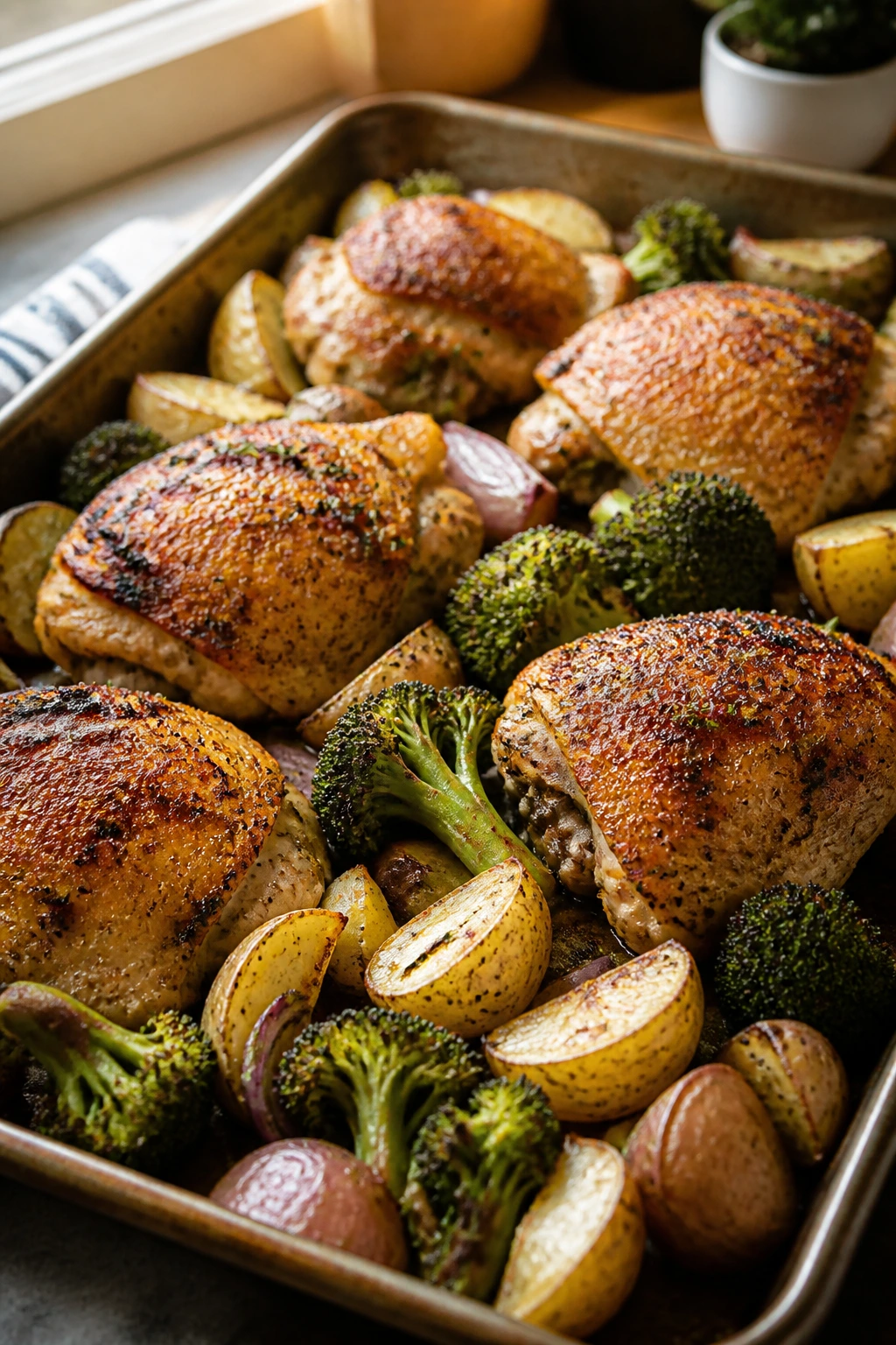 Close-up of a one-pan dinner with chicken, potatoes, and broccoli on a sheet pan in a warm kitchen