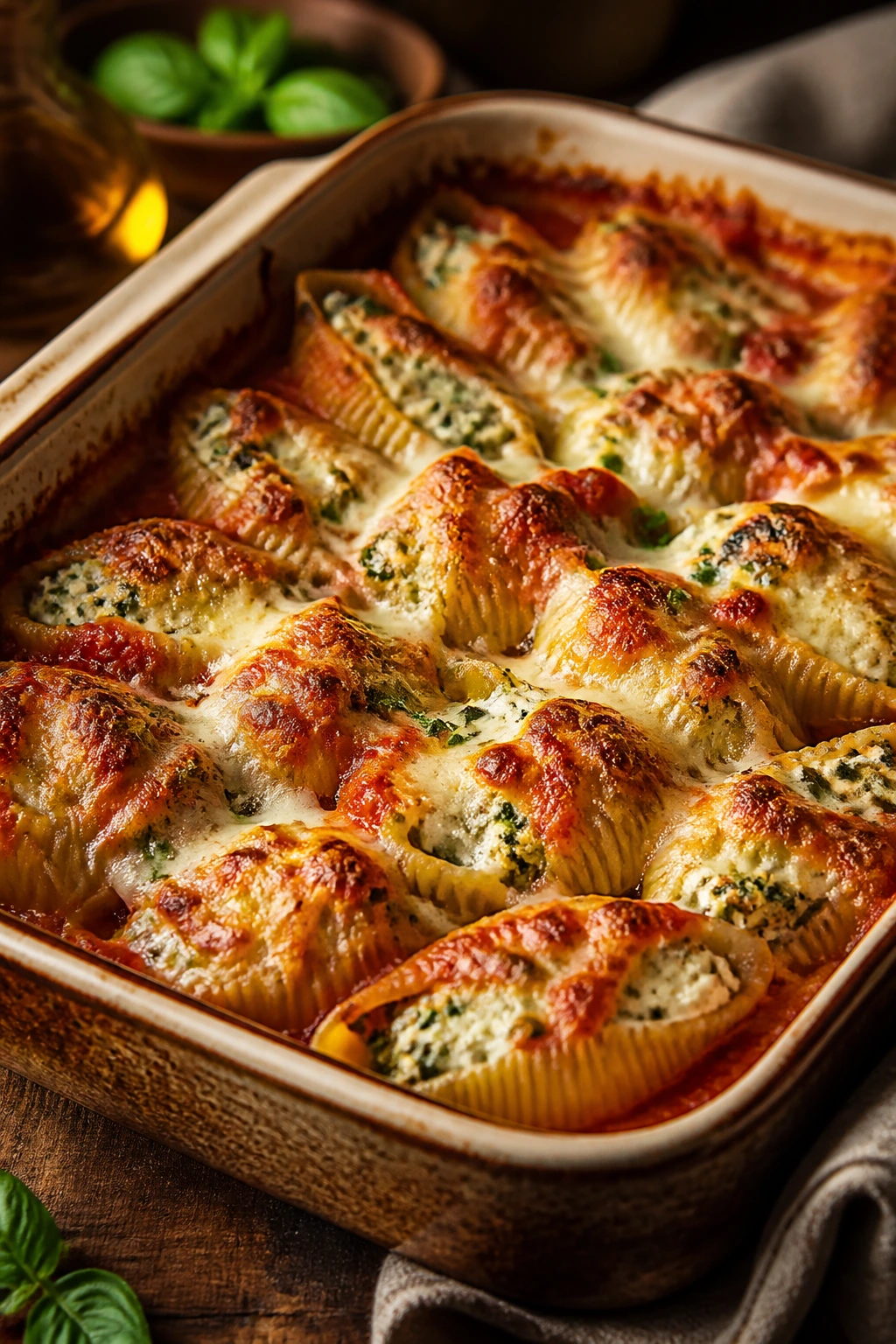 Pan of bubbling stuffed shells in a baking dish on a kitchen counter