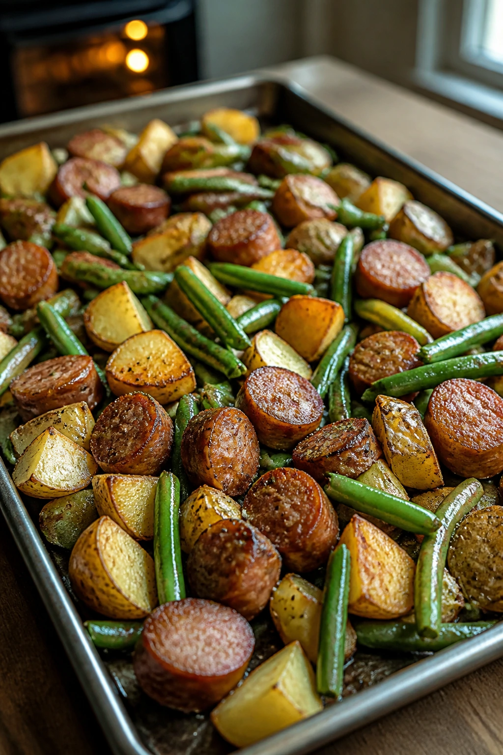 Sheet-pan sausage, potatoes, and green beans on a roasting tray