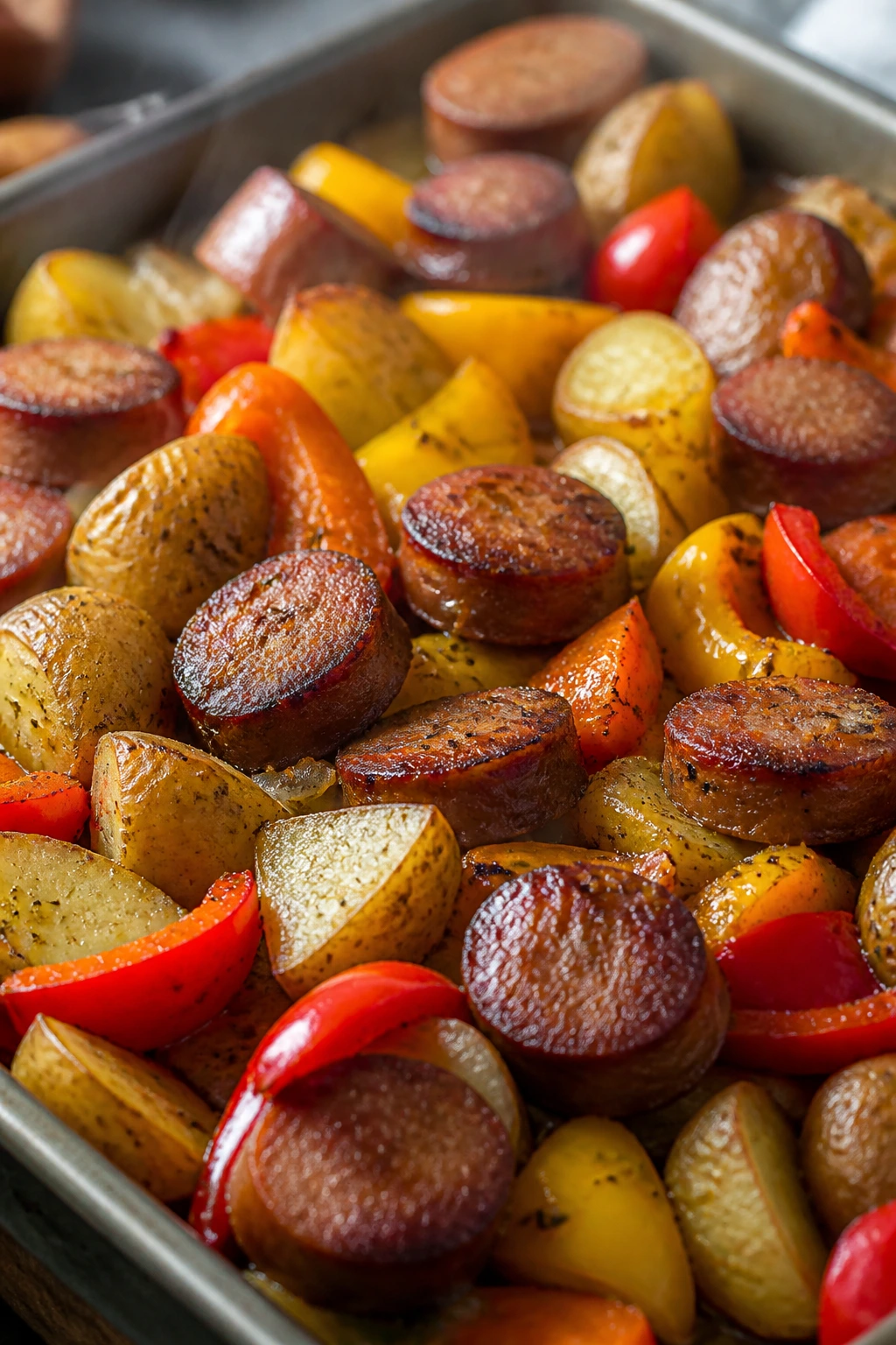 Close-up of one-pan sausage potatoes bell peppers dish