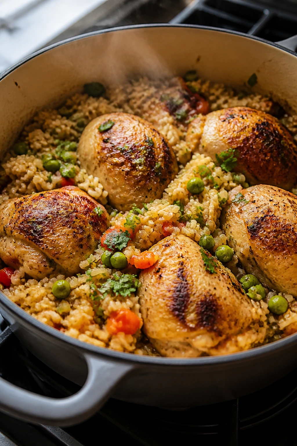 Dutch oven with chicken and rice cooking on stove