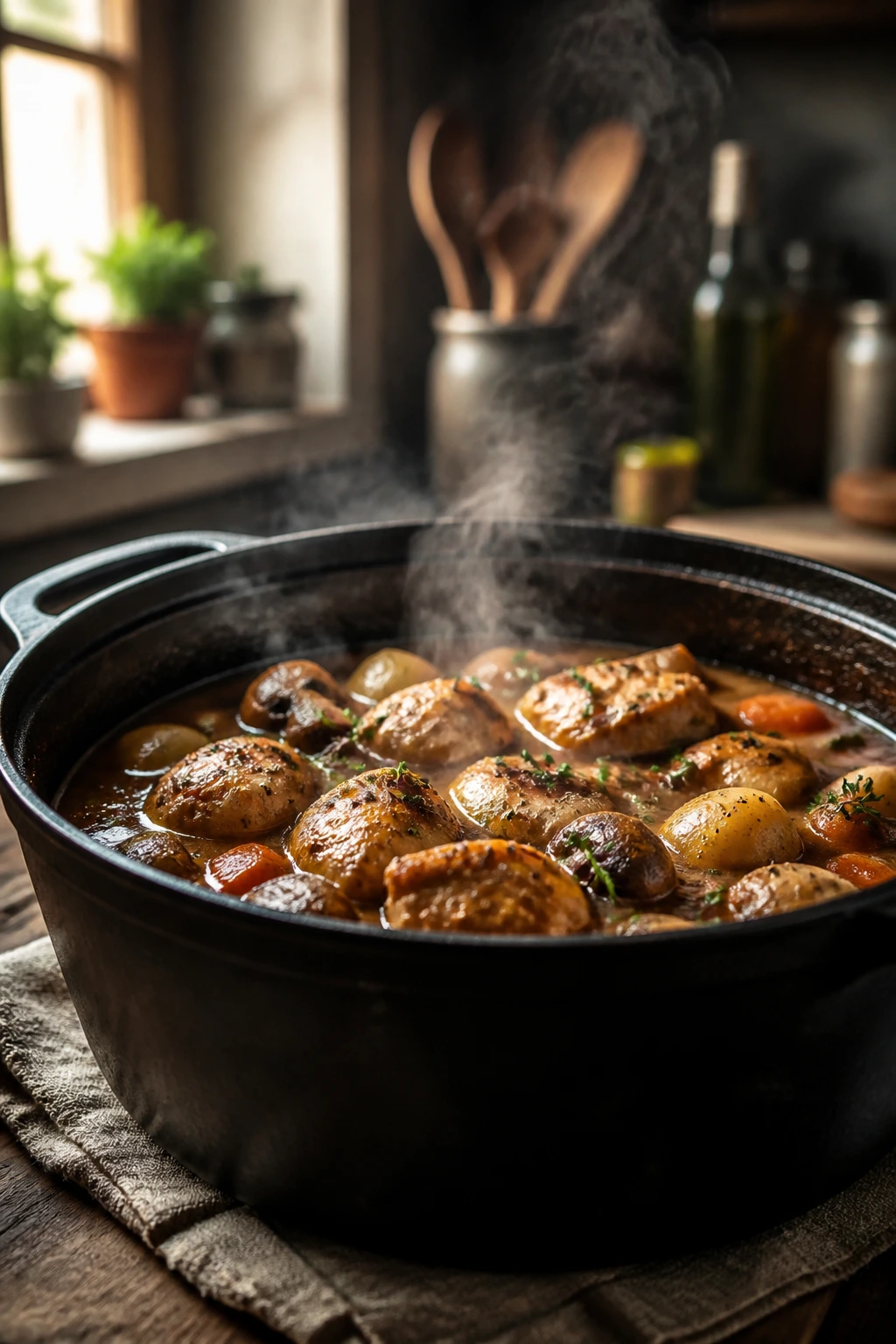 Close-up of a steaming one-pot dinner in a cast-iron pot on a warm kitchen counter