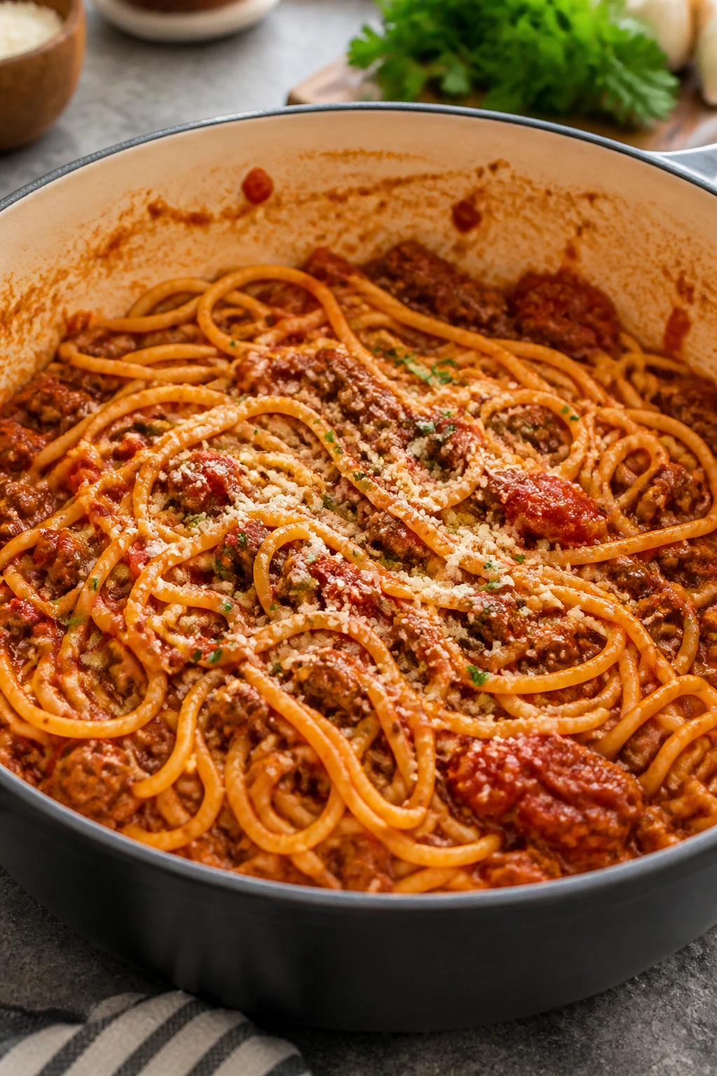Close-up of one-pot spaghetti with ground beef in tomato sauce.