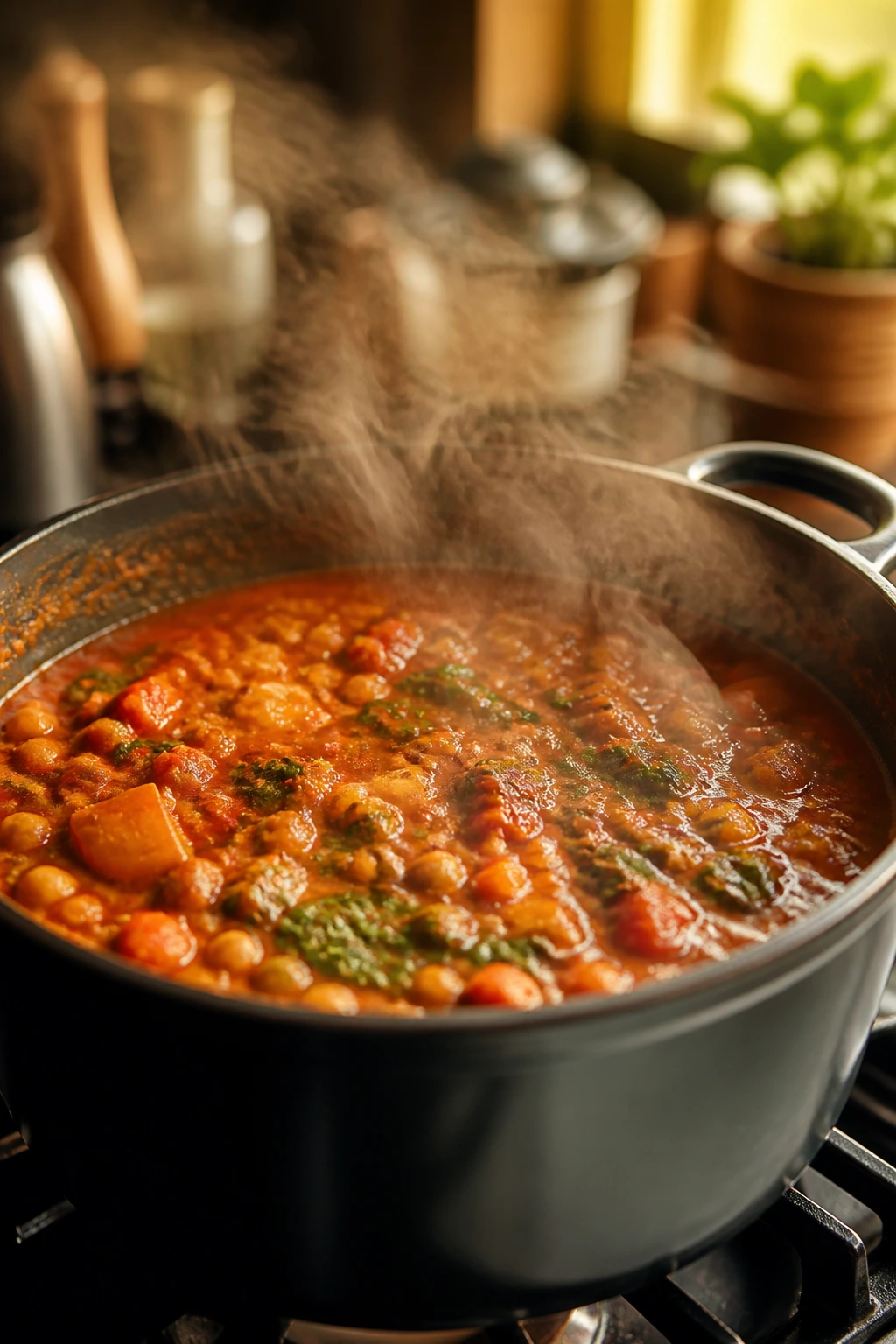 Steaming bubbling pot on stove in a cozy kitchen