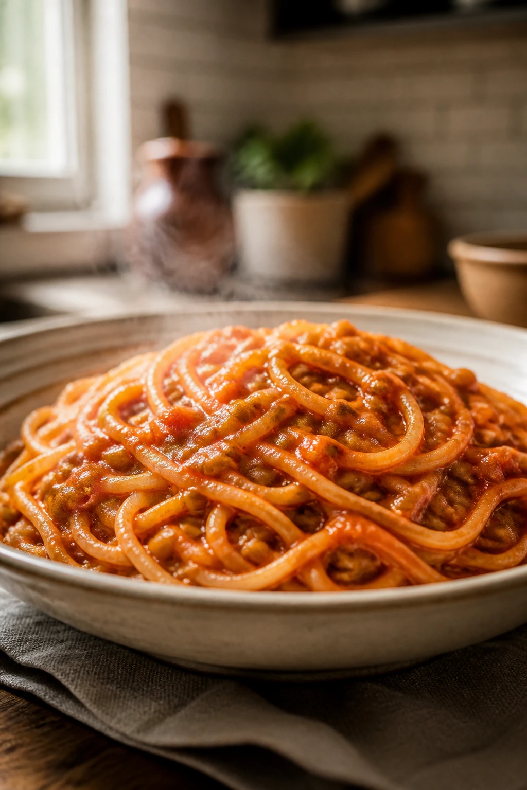 Close-up of spaghetti with lentil tomato sauce