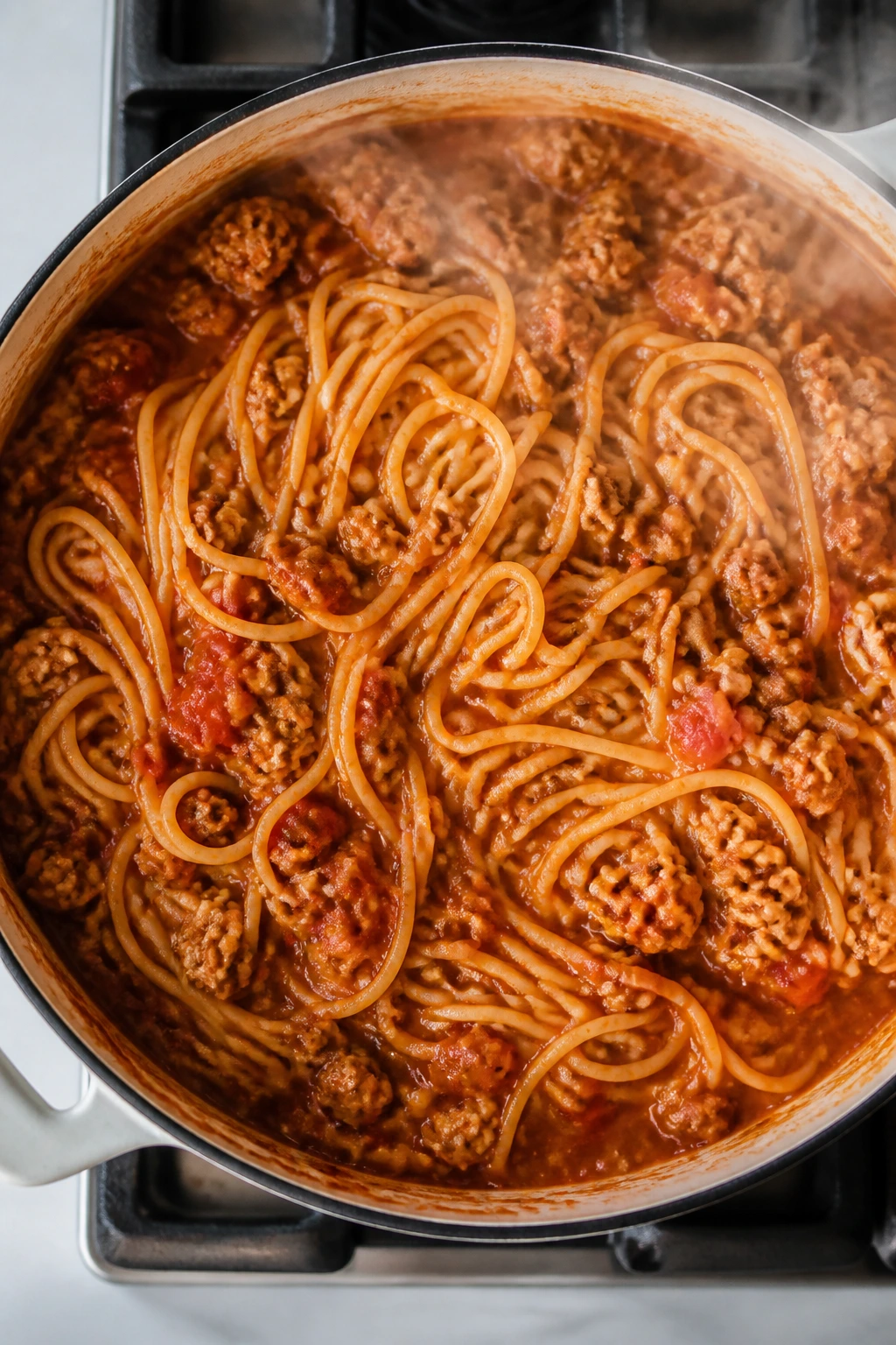 Top-down view of one-pot spaghetti with turkey meat sauce in a pot