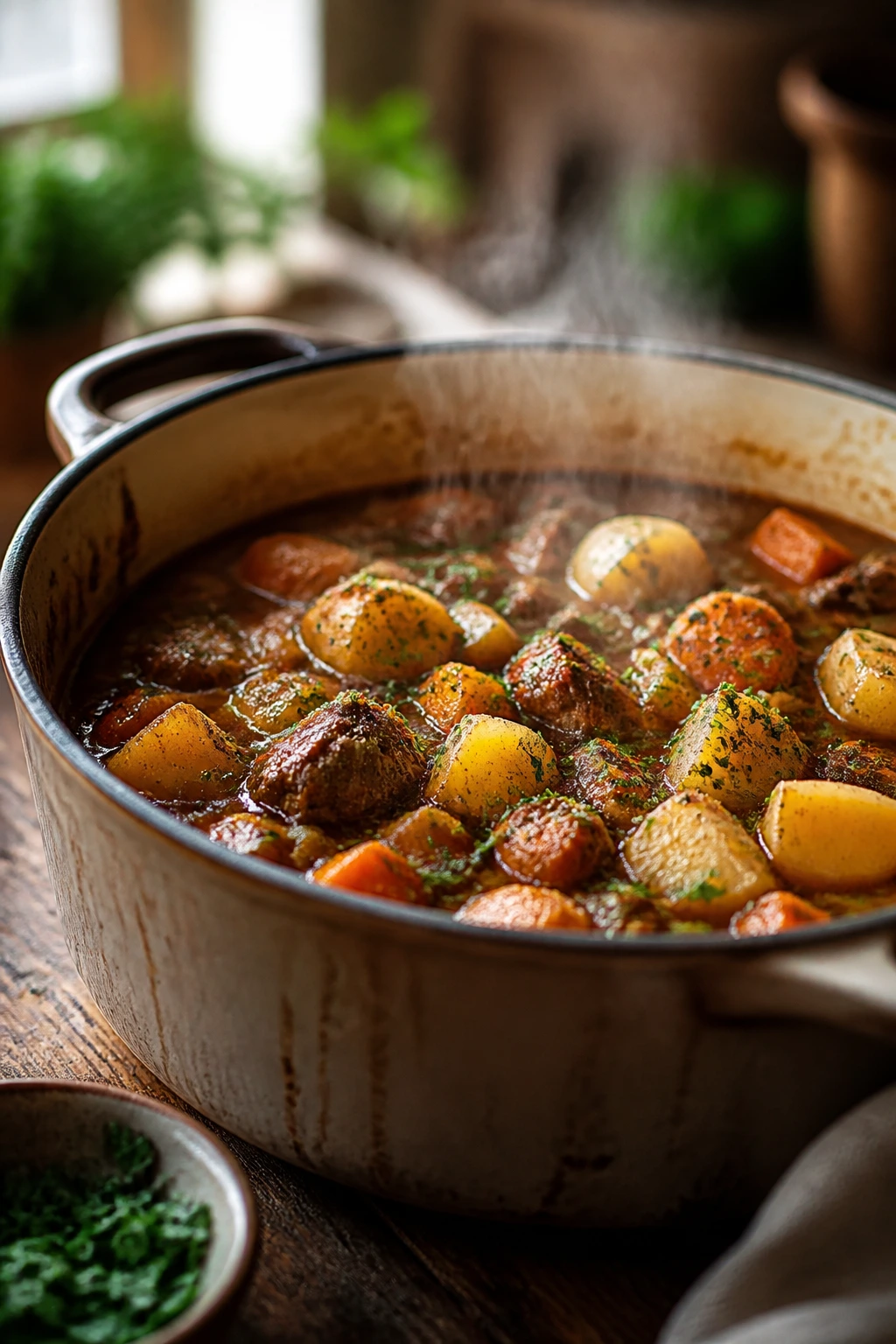 Steaming cozy one-pot supper in a rustic pot on a wooden table