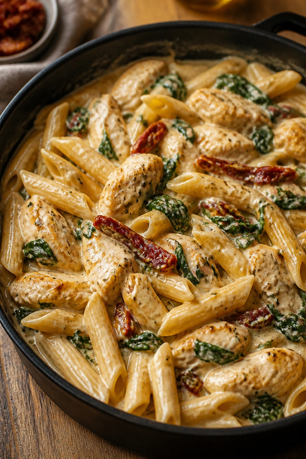 Close-up of One-Pot Tuscan Chicken Penne in a skillet.