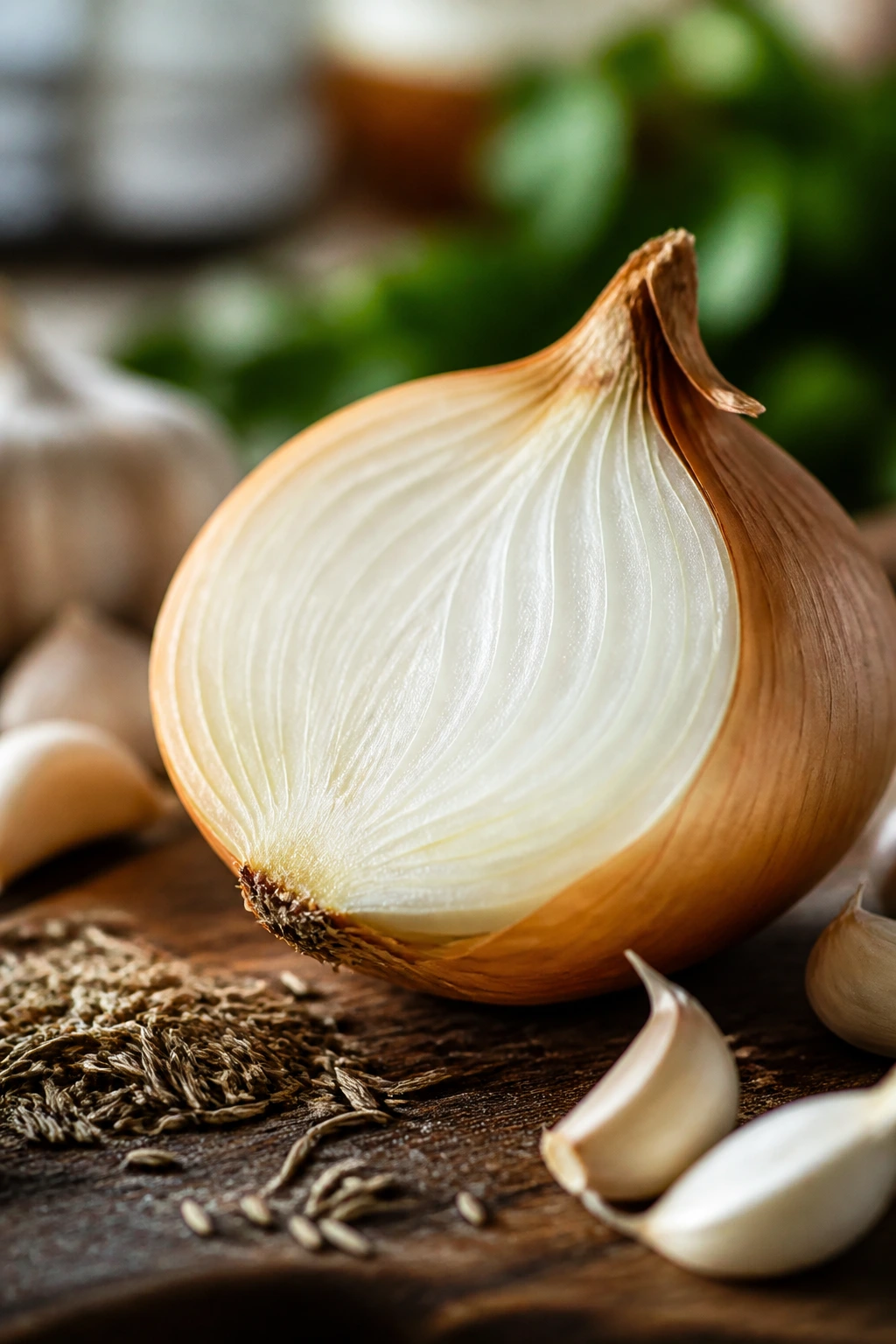 Close-up of a yellow onion half with blurred garlic and spices in a warm kitchen.