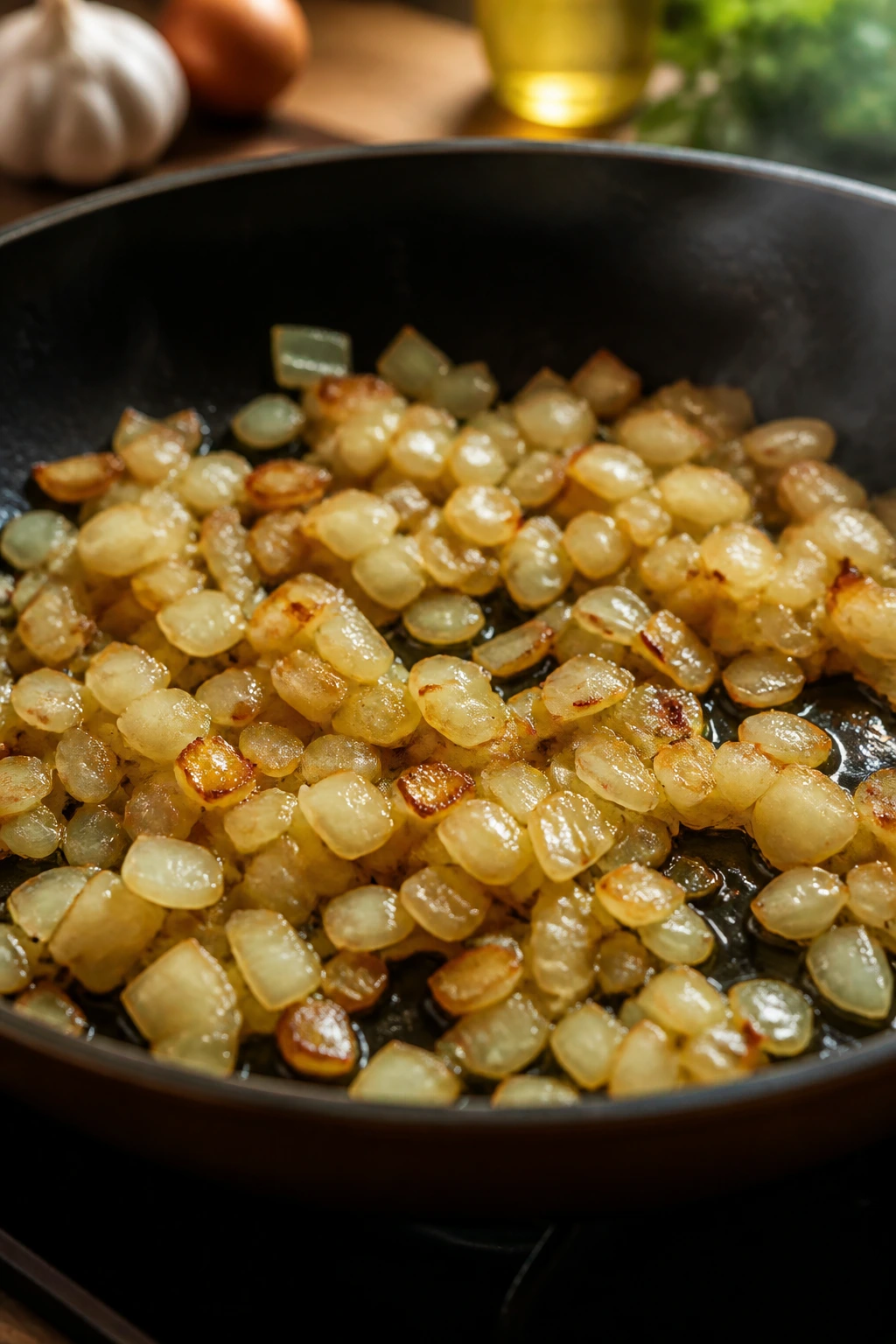 Onion browning in a skillet with oil