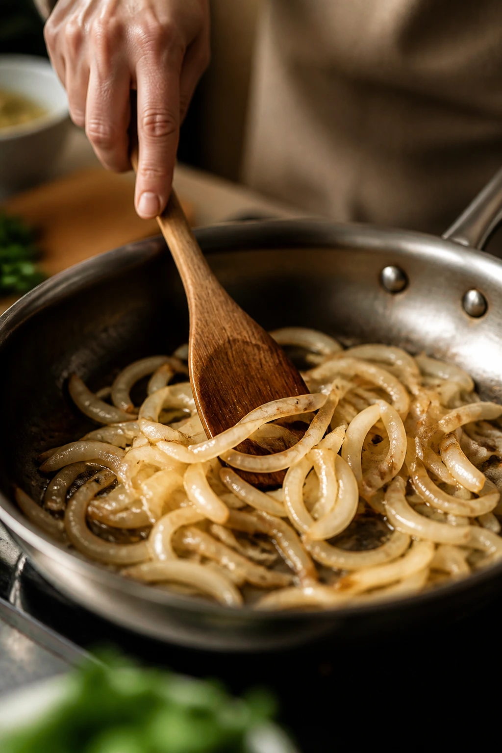 Hand stirring onions in a skillet during curry preparation
