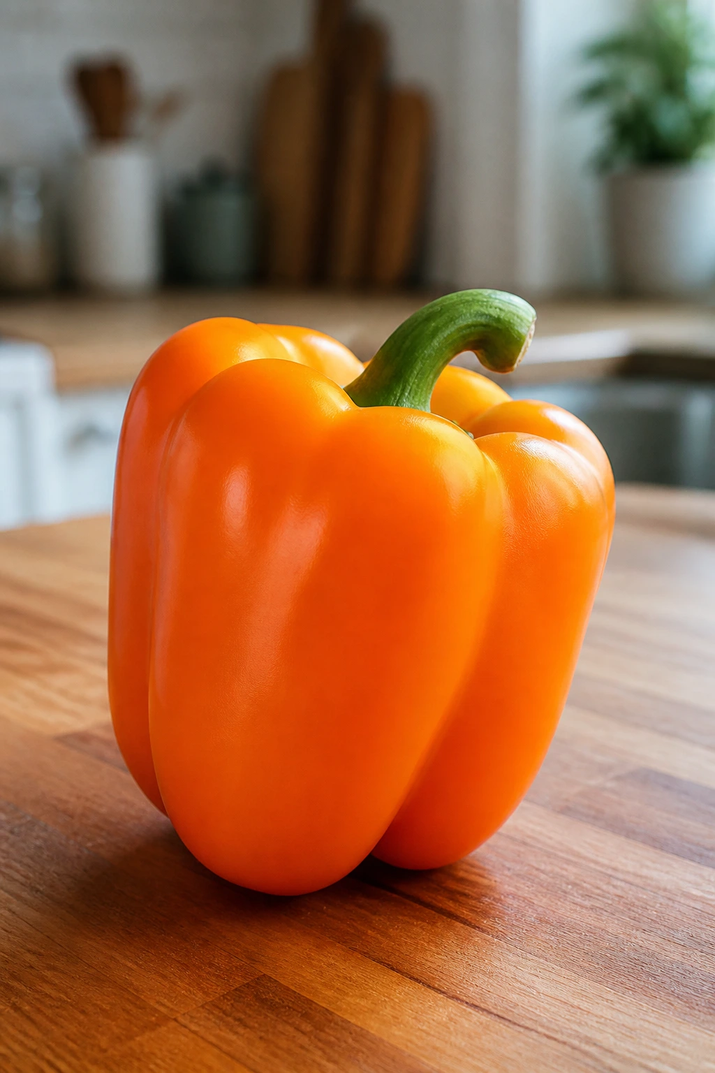 Bright orange bell pepper on a kitchen counter