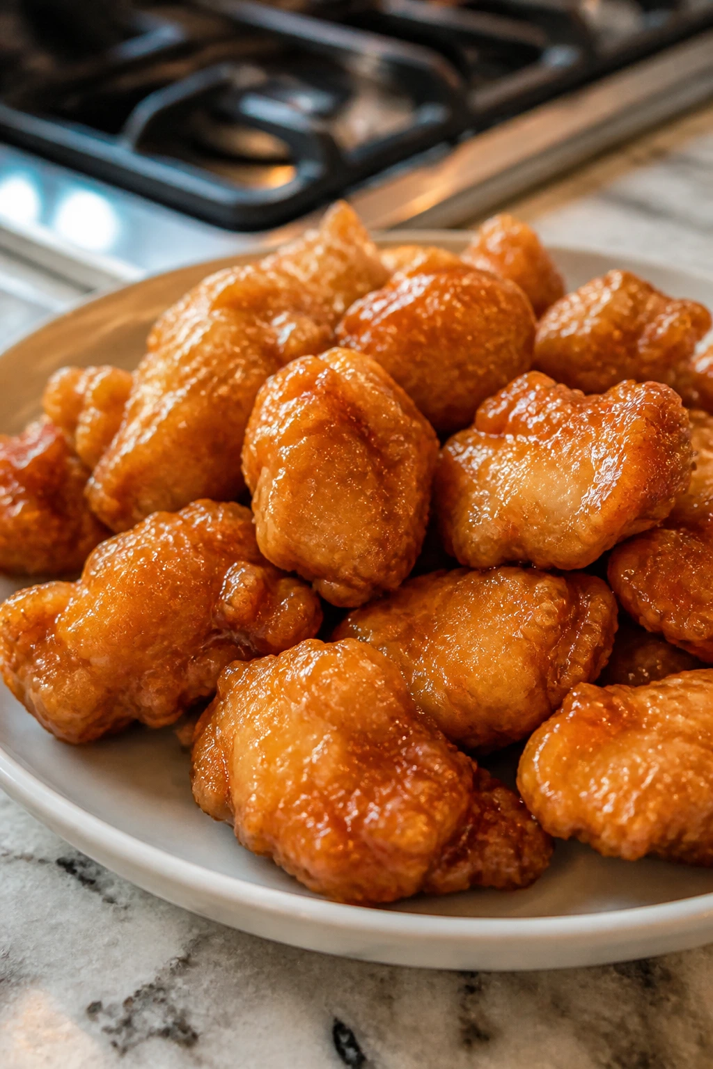 Glossy orange-glazed chicken bites on a plate