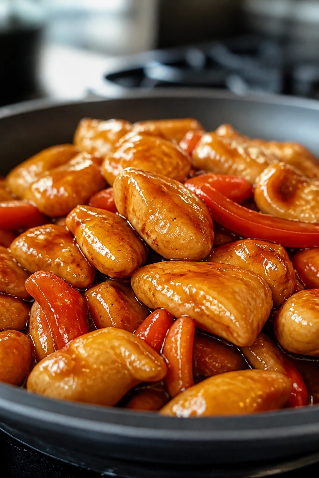 Close-up of orange chicken stir-fry in a skillet