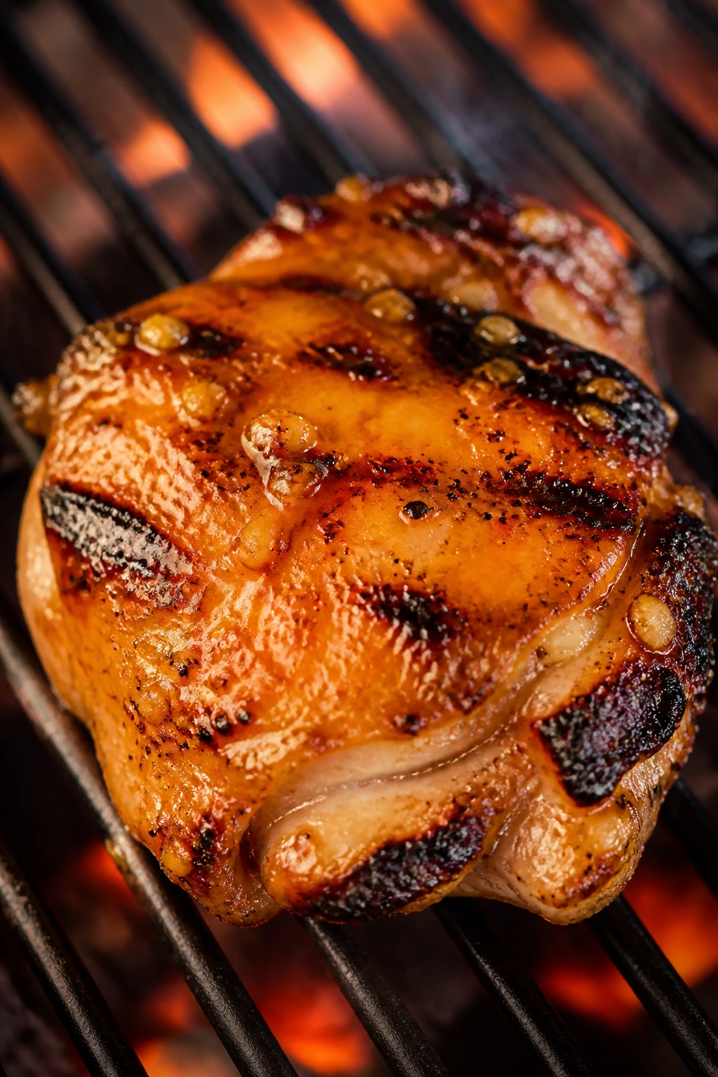 Close-up of orange-glazed chicken with garlic on a grill